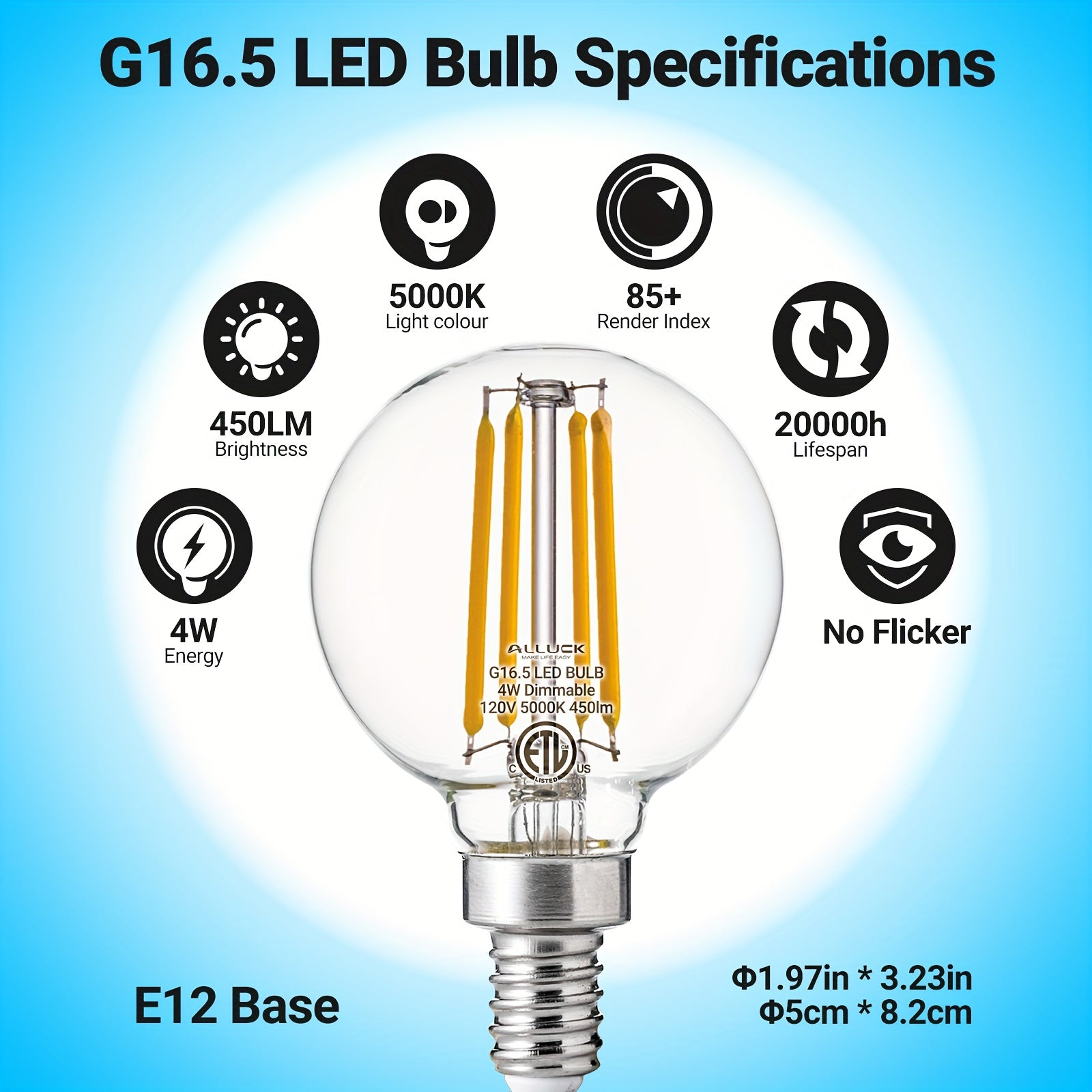 6-pack, G16.5 candelabra globe bulb, 4 watt 120V LED bulb, 450 lumens, 2700K warm white, 5000K cool white, E12 base Edison G50 LED bulb, G50 globe bulb suitable for chandeliers, vanity lights and pendant lights