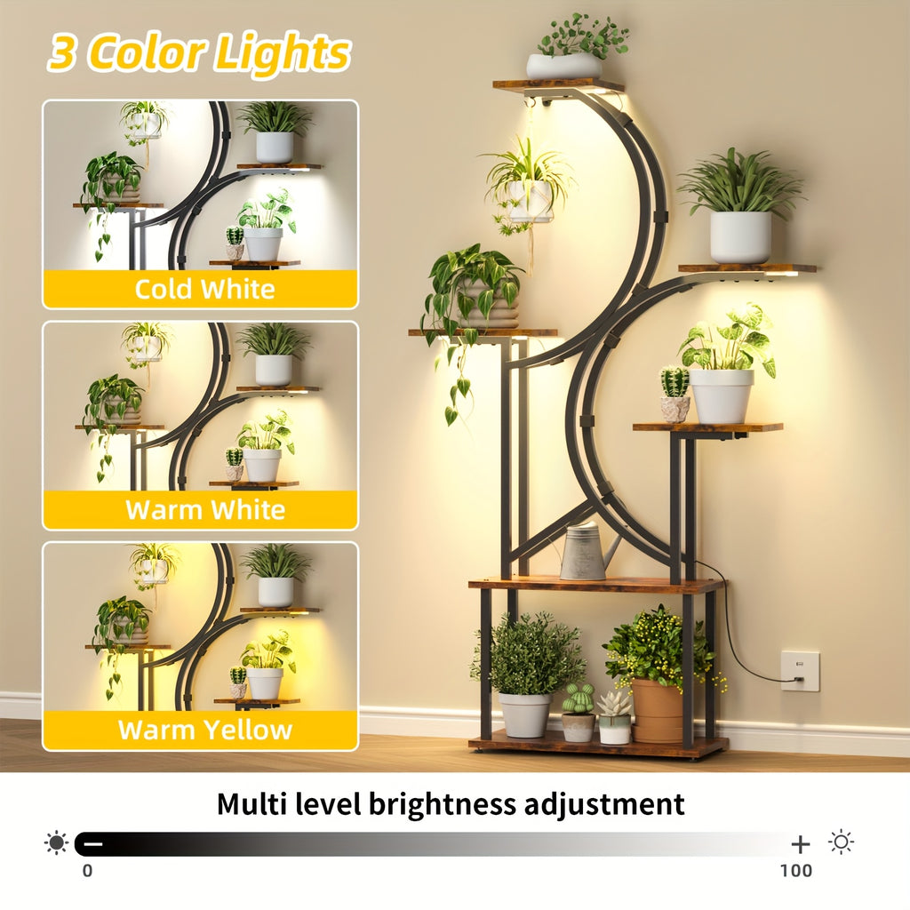 Indoor Plant Stand with Grow Light, 6/7-Tier Multi-layer Large Polygonal Metal Curved Display Shelf, Ideal for Balcony, Home Decor and Christmas Decoration