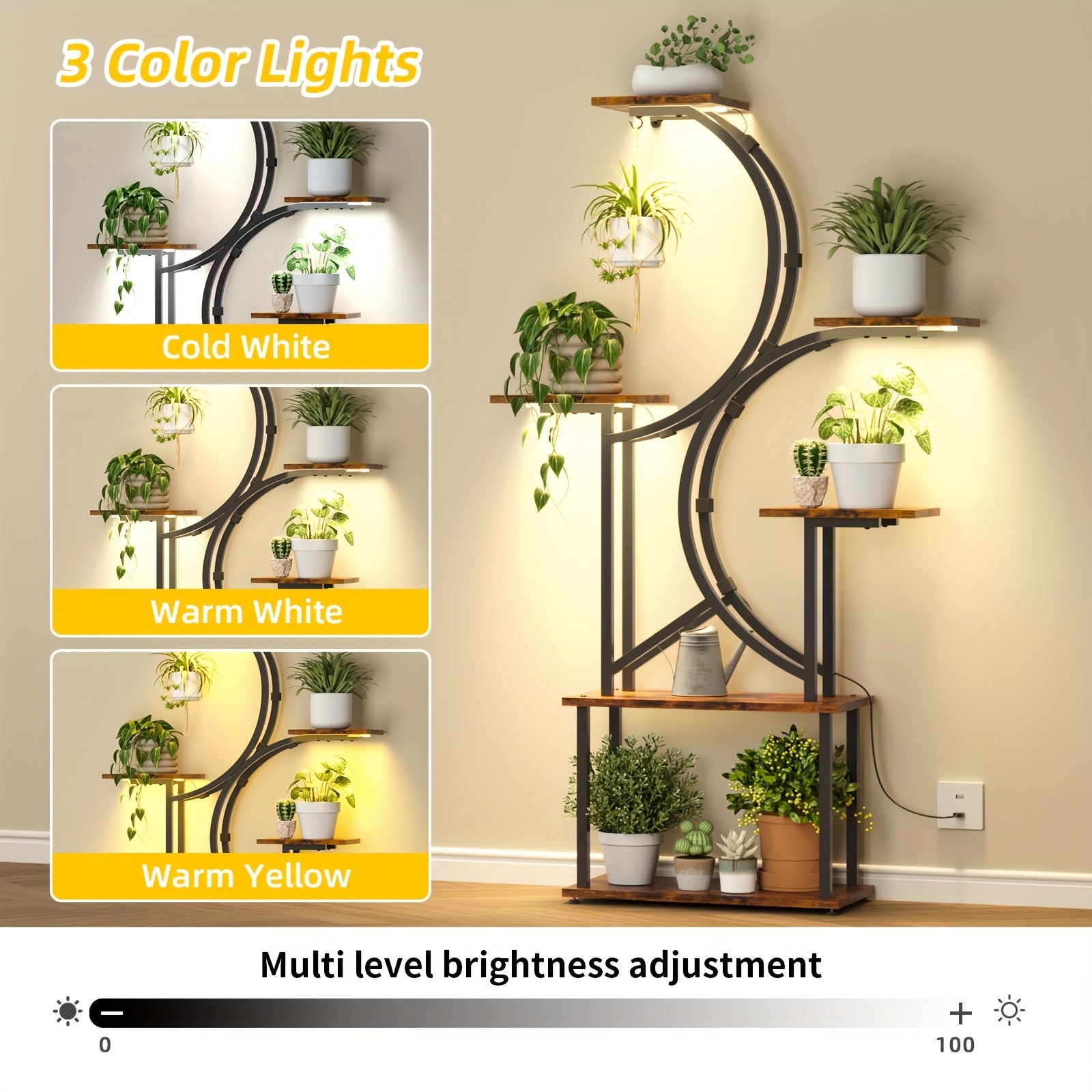 Indoor Plant Stand with Grow Light, 6/7-Tier Multi-layer Large Polygonal Metal Curved Display Shelf, Ideal for Balcony, Home Decor and Christmas Decoration