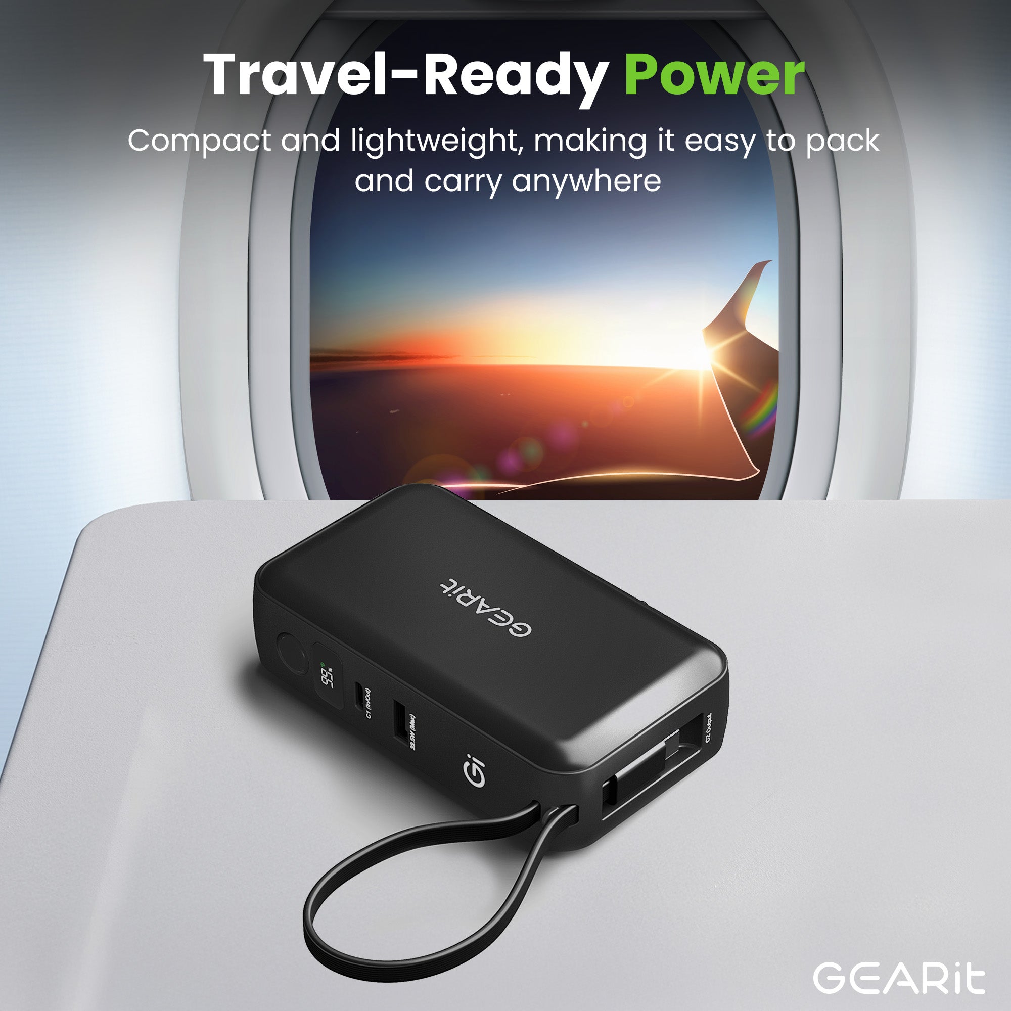 GEARit 三合一65W氮化鎵充電器，內建USB-C線10000毫安時移動電源