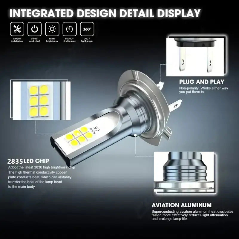 2-Pack H7 LED Headlights - 6000K Super Bright Xenon-Compatible, Plug-and-Play High/Low Beam Integrated with Wiring Harness, Suitable for Trucks, Motorcycles (Fits H7 Bulb Socket)