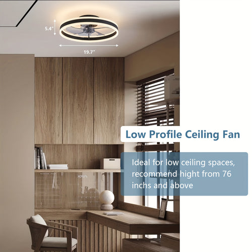 19.7 Inch Low Profile Flush Mount Ceiling Fan with Light & Remote, Bladeless Smart LED Ceiling Fan Light, Modern Black Bedroom Ceiling Fan