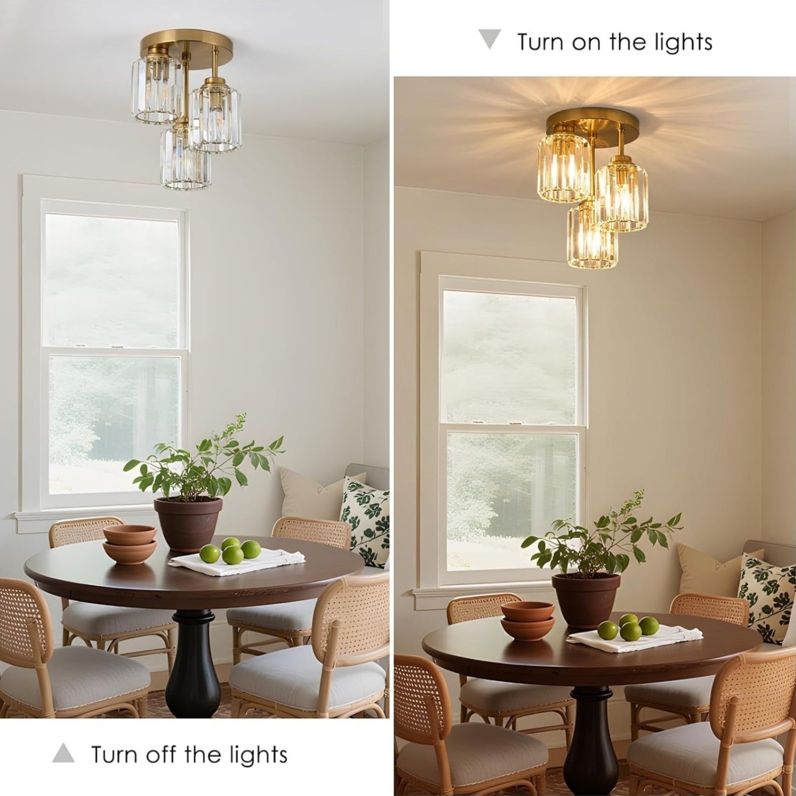 Modern semi-flush mount ceiling light, three-light crystal chandelier, E26 base pendant light, suitable for living room, dining room, bedroom, kitchen, hallway
