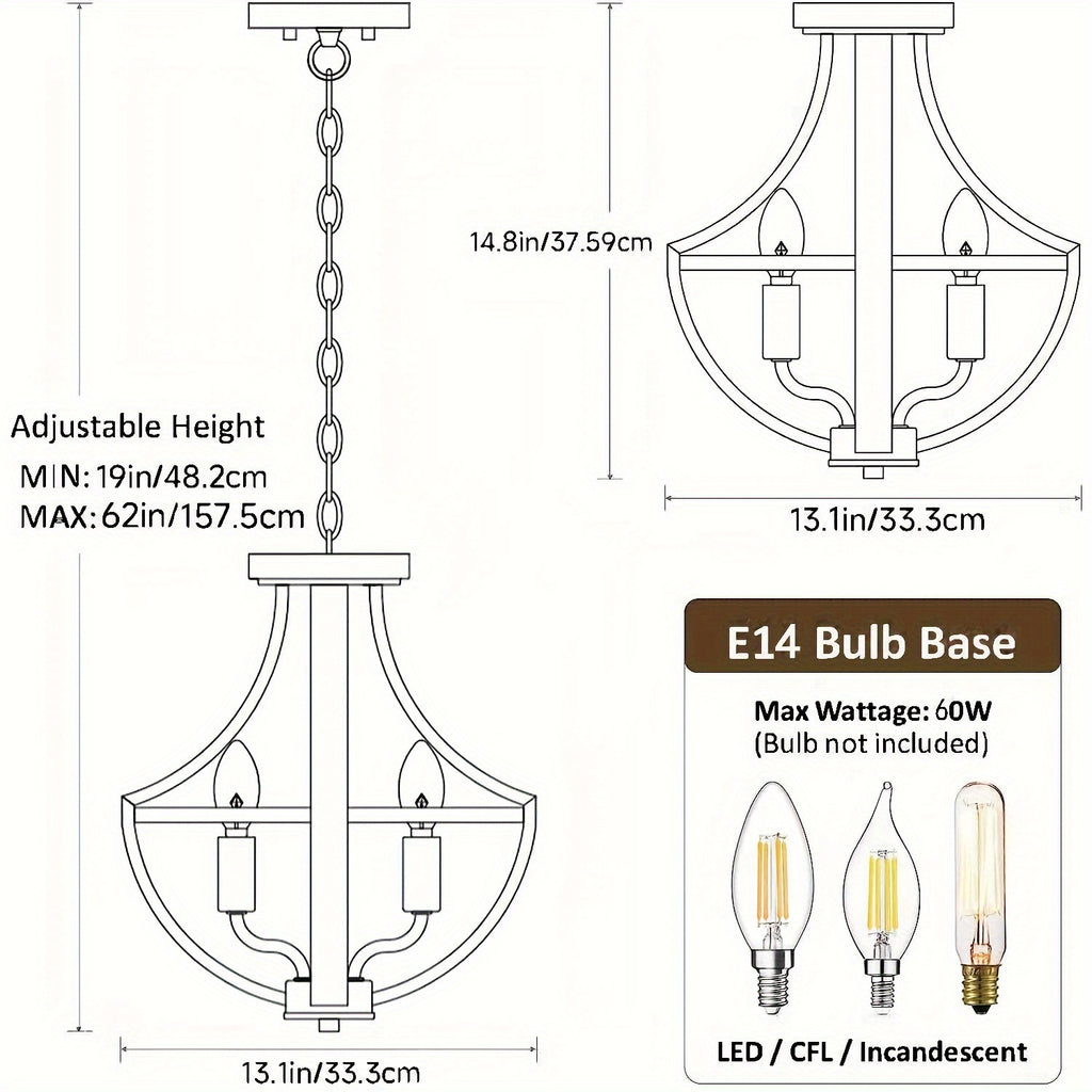 13.1“ Modern Farmhouse Hanging Chandelier, 4-Light Rustic Style Indoor Flush Mount Ceiling Fixture, Hallway Foyer Dining Room Entryway Kitchen Island Bedroom Vintage Pendant Light, E14 Bulb Base (Bulb Not Included)