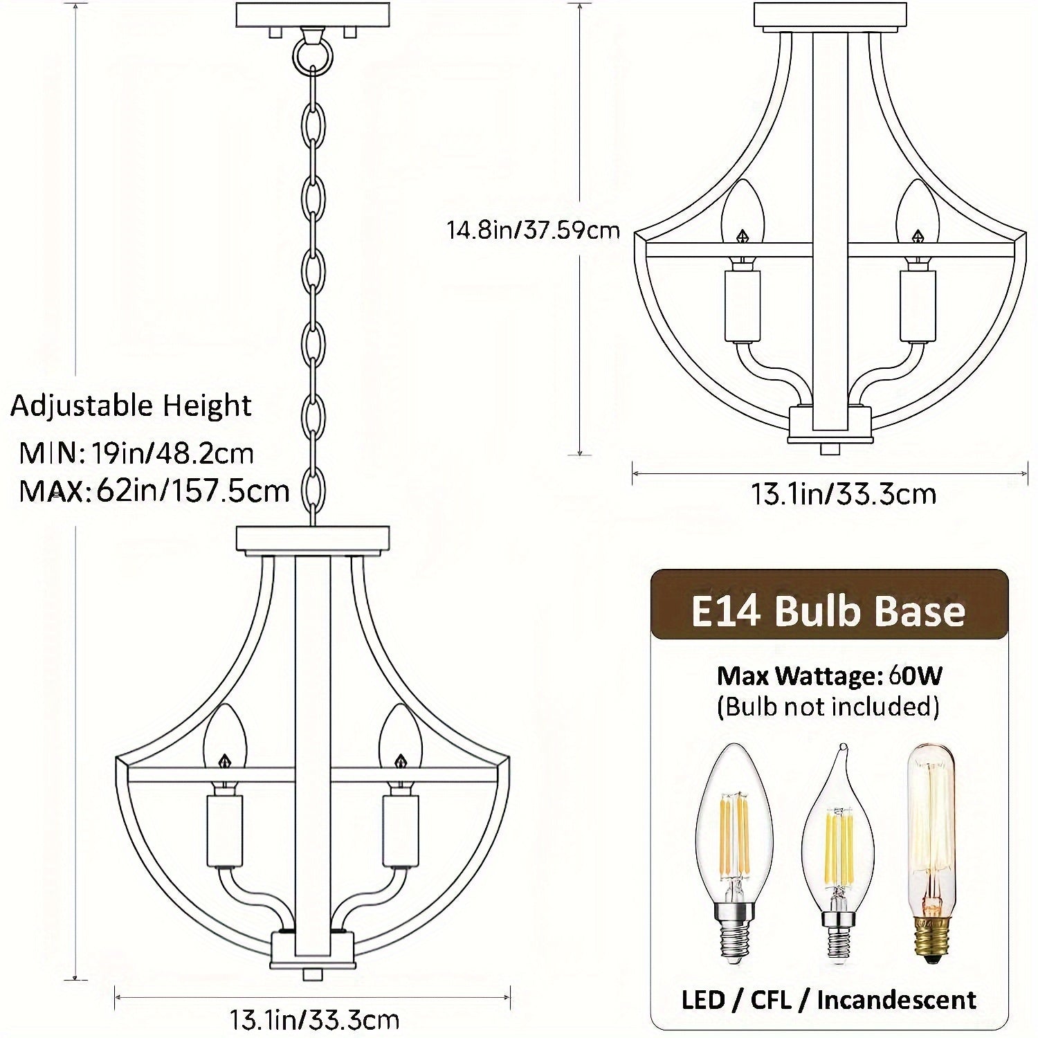 13.1“ Modern Farmhouse Hanging Chandelier, 4-Light Rustic Style Indoor Flush Mount Ceiling Fixture, Hallway Foyer Dining Room Entryway Kitchen Island Bedroom Vintage Pendant Light, E14 Bulb Base (Bulb Not Included)