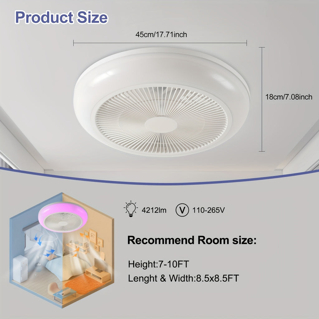 1-Pack Bladeless Ultra-Thin Flush Mount Ceiling Fan with Light, RGB Color Changing Dimmable LED, Enclosed Recessed Fan, Modern Ultra-Slim Ceiling Fan with Ambient Light for Living Room Bedroom Kitchen