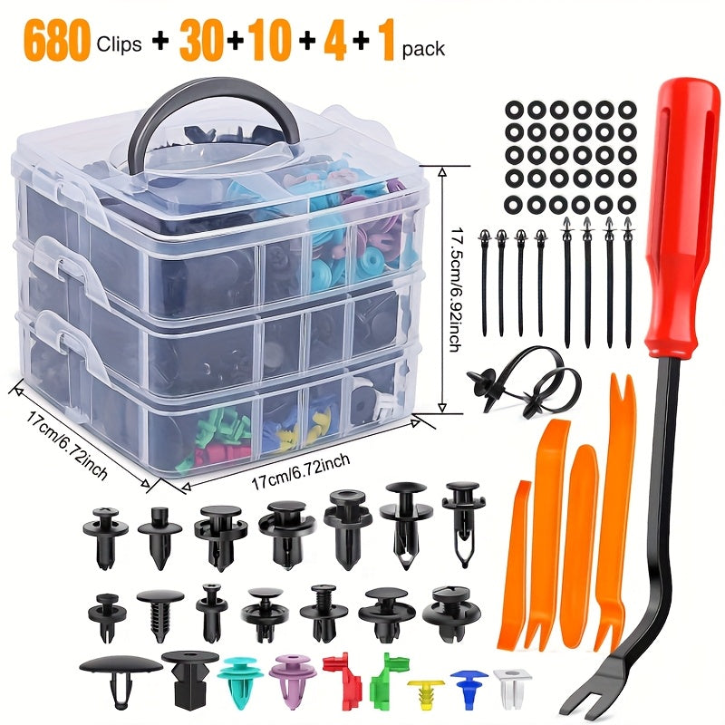 725-Piece Automotive Retainer Clip and Plastic Fastener Assortment, Includes 16 Common Sizes of Nylon Bumper and Fender Rivets, Comes with 10 Cable Ties and Removal Tool – Made of Durable Insulated Material for Automotive and Industrial Use