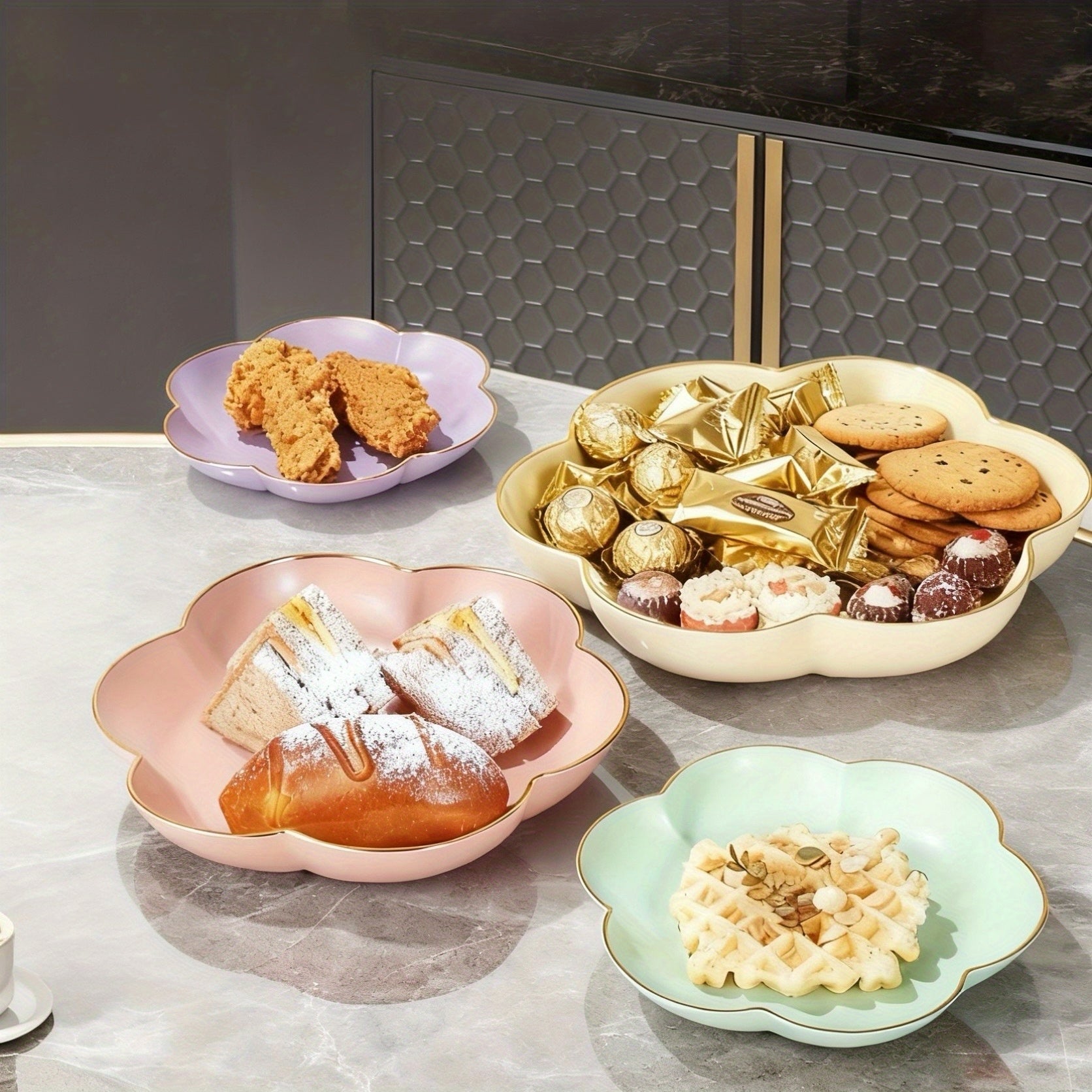 3-Piece Gold Rim Floral Fruit Bowl & Cake Stand Tray Set, New Year Candy Tray – Perfect for Afternoon Tea or Party Food, Outdoor, Hotel – Ideal for Living Room Decor, Family Dinner Table Fruit Bowl, Dessert Plate
