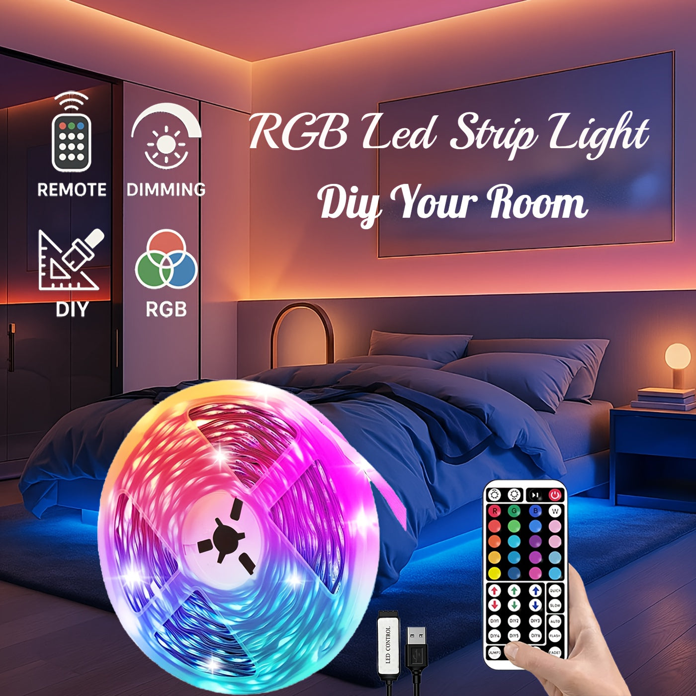 3.28英尺-100英尺 RGB LED灯带，带遥控器，可调节颜色变化，柔性设计，适用于卧室、厨房、天花板和房间氛围照明 - 节能