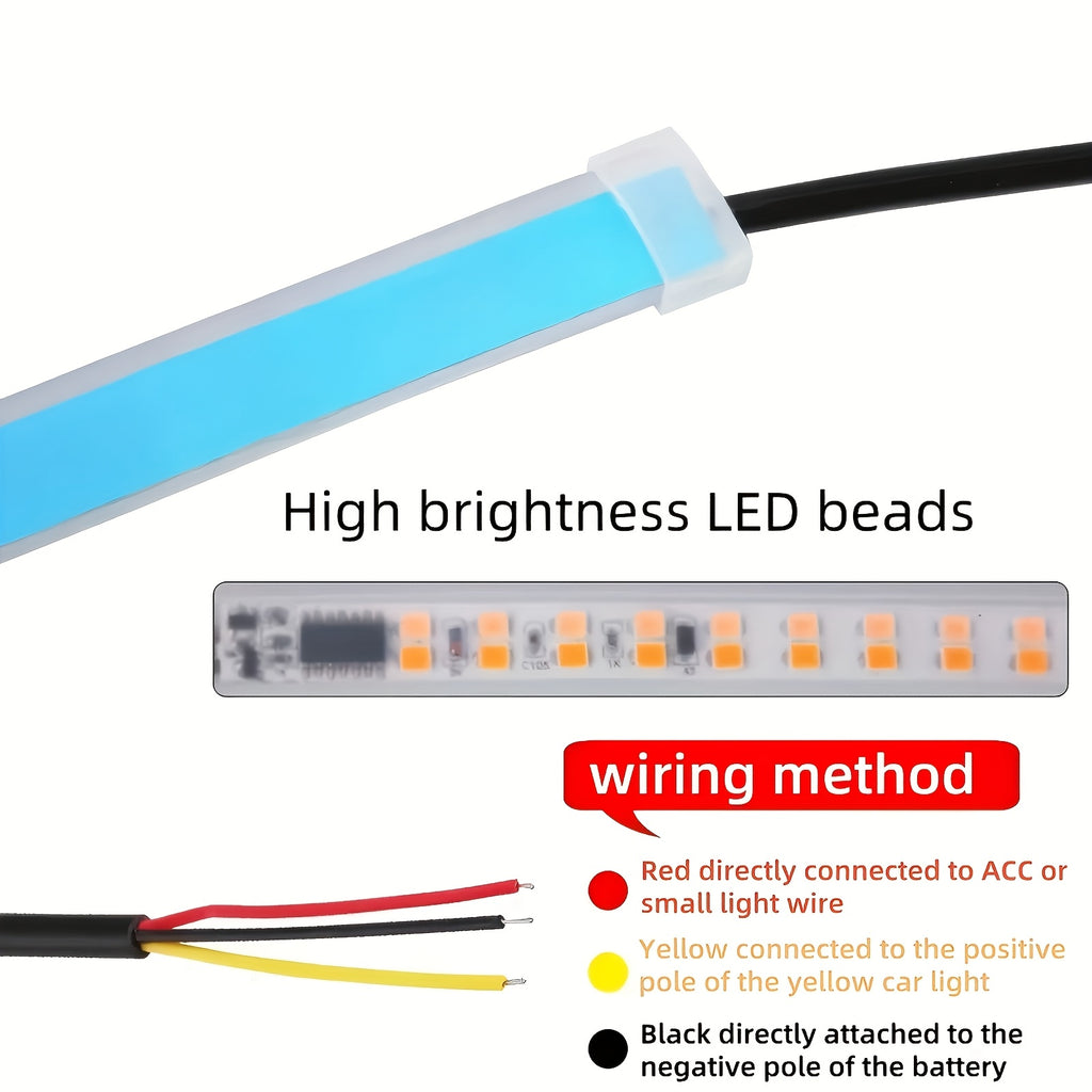 2pcs 12V LED 灯条 - 可变形汽车白色和黄色流光灯，用于指示灯和环境照明，不需要电池，≤36V 运行，非常适合汽车和房间装饰，指示灯|现代汽车照明|LED 灯条