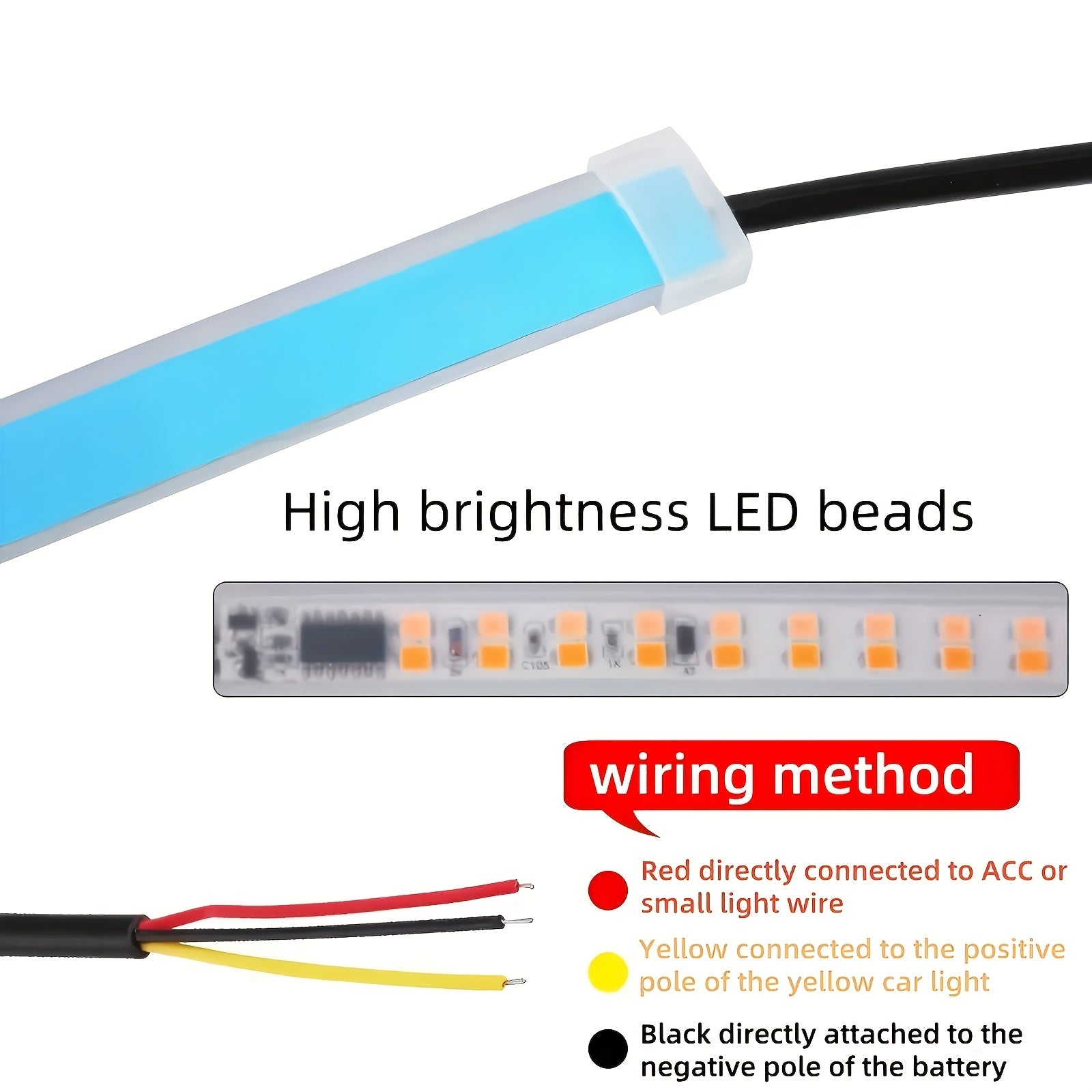 2pcs 12V LED 灯条 - 可变形汽车白色和黄色流光灯，用于指示灯和环境照明，不需要电池，≤36V 运行，非常适合汽车和房间装饰，指示灯|现代汽车照明|LED 灯条