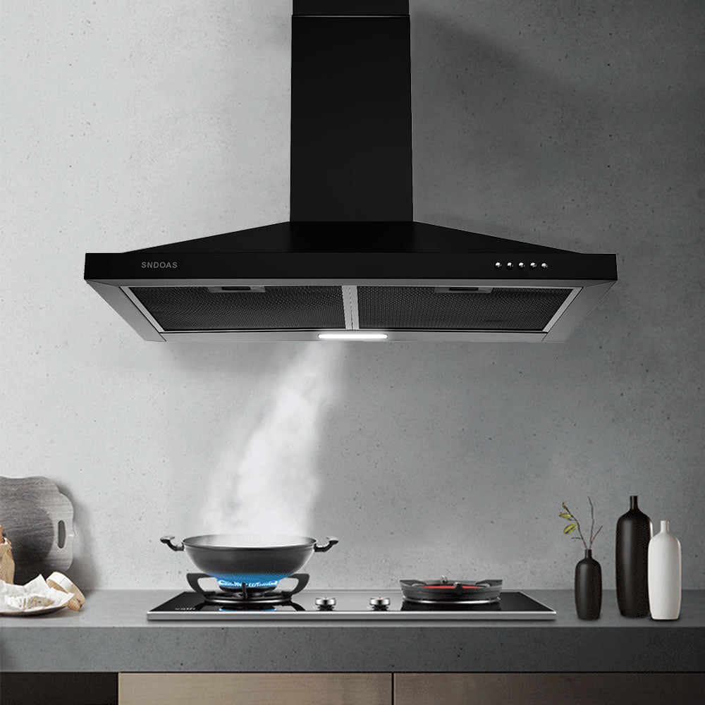 Wall-Mounted Chimney Style, Black Painted Ventilation Chimney, 3-Speed Exhaust Fan, LED Light, Push-Button Control, 450CFM Strong Suction, 3 Sizes [24", 30", 36"]