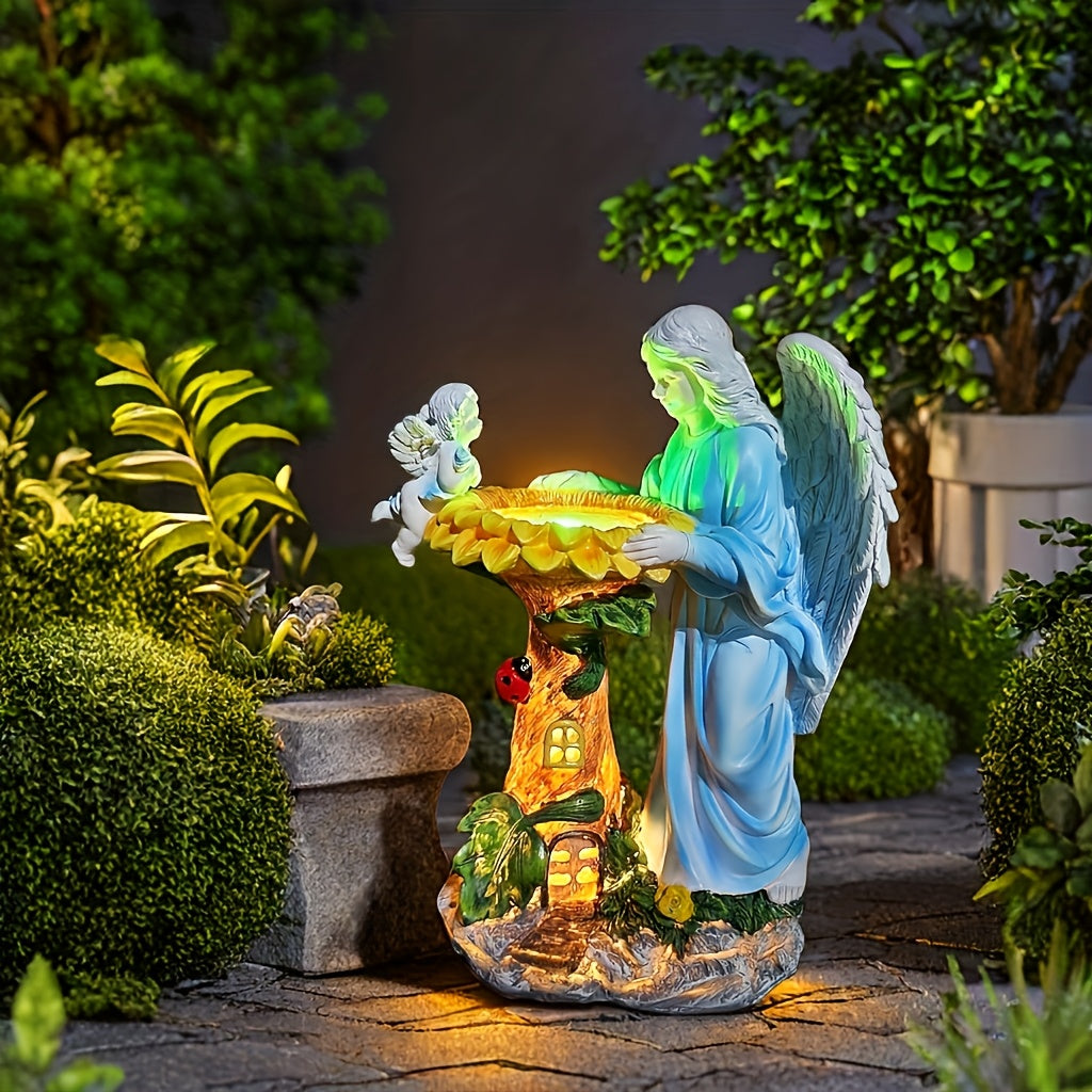 OTDECOR 1-Piece Solar Color Changing Light Angel and Cherub Garden Statue, Angel Outdoor Statue Sculpture, Resin Outdoor Decor with LED Lighted Tree House Base, Suitable for Patio and Backyard Lawn Decoration
