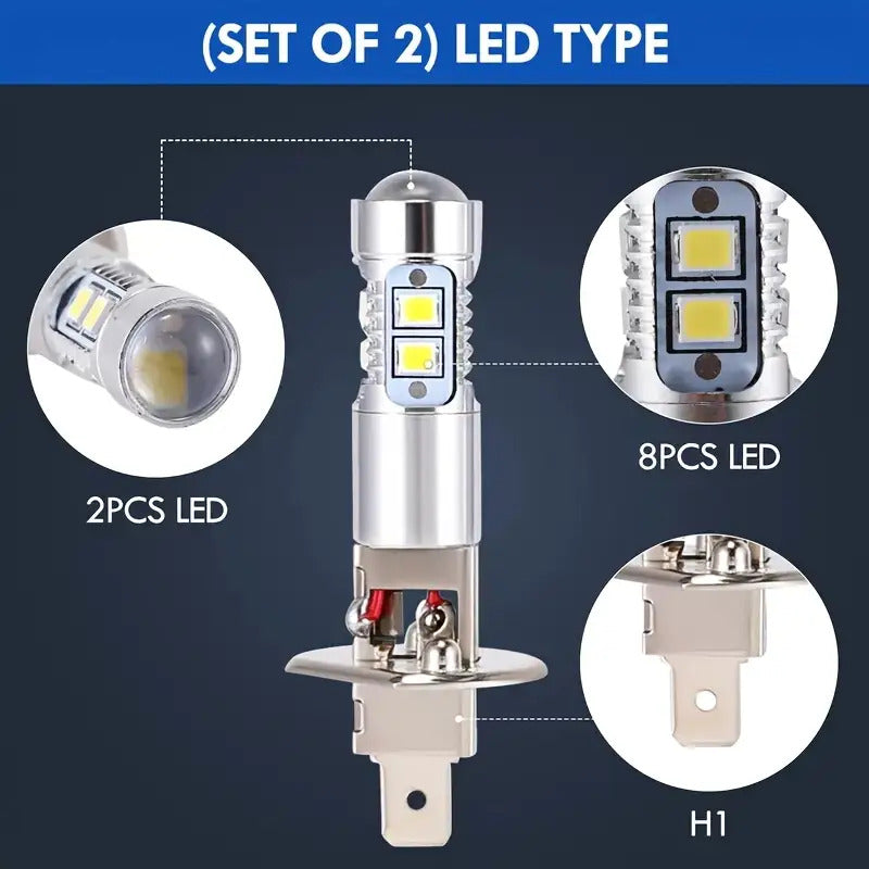 H1 LED Headlight Bulb Set (2Pcs), for High Beam, Low Beam, Fog Light, 6000K White Light, 50W, No Battery Included