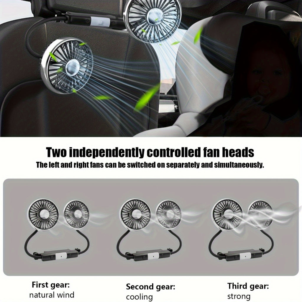 Dual-Head USB Car Hose Fan, Rear Seat Specific, 360° Rotation, 3-Speed Strong Wind, USB Powered Car Cooler, Compatible with Laptops, for Sedans, SUVs, RVs, Trucks