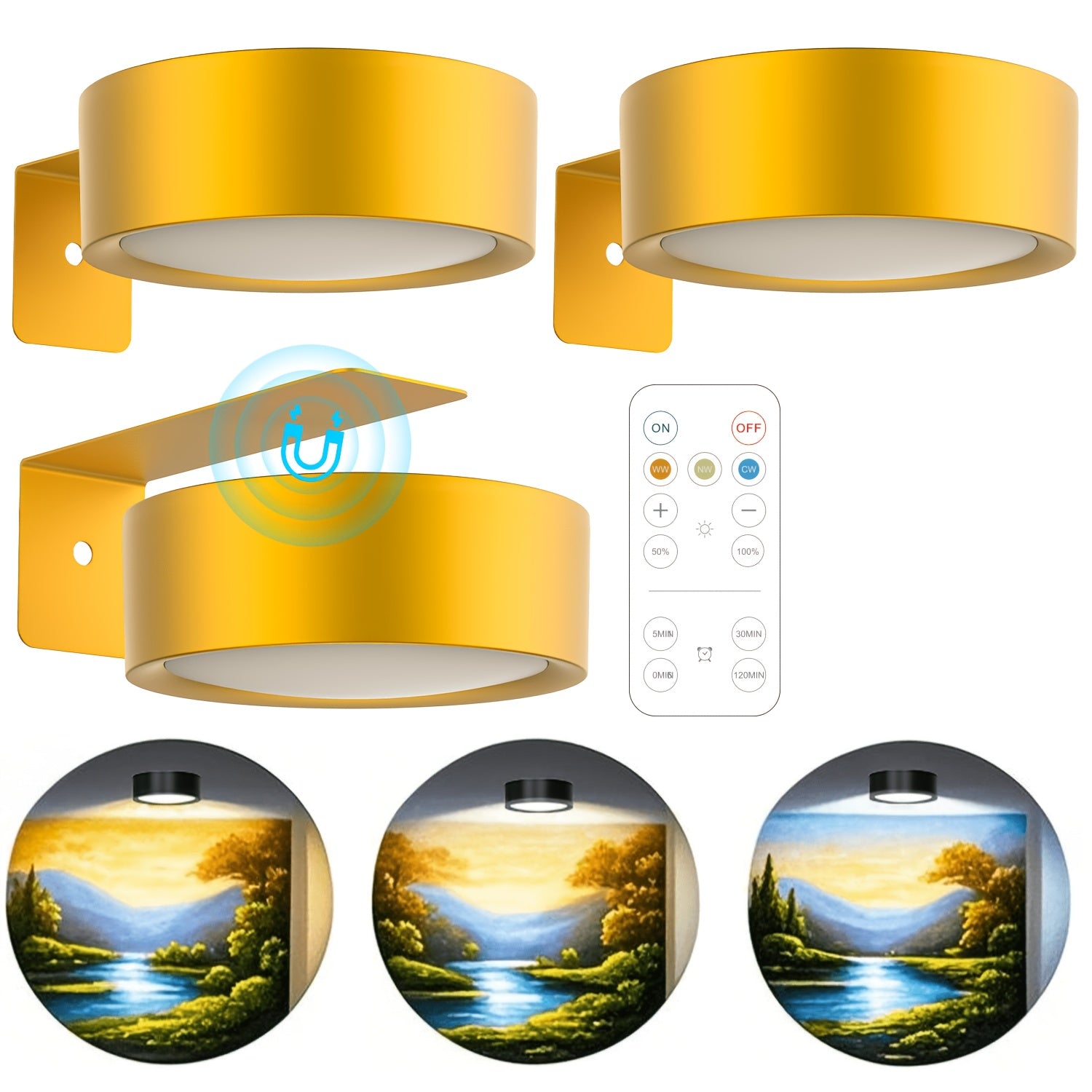 3Pcs Gold Magnetic LED Picture Light, Battery Powered Wireless Wall Lamp, Remote Control Dimmable Timing, 3 Lighting Modes, Art Spotlight for Photo Frame Gallery Decoration