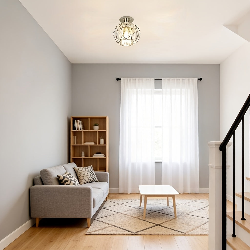 (Chrome) Hallway Ceiling Light Fixture, Recessed Ceiling Light with Metal Mesh Shade Indoor Industrial Style Ceiling Light E26 Semi-Flush Mount Ceiling Light, Suitable for Porch, Entryway, Bathroom (Bulb Sold Separately)