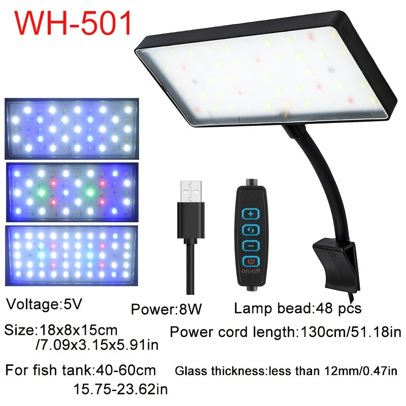 8W Adjustable Aquatic Plant Grow Light, USB Full Spectrum LED Lamp, Battery-Free