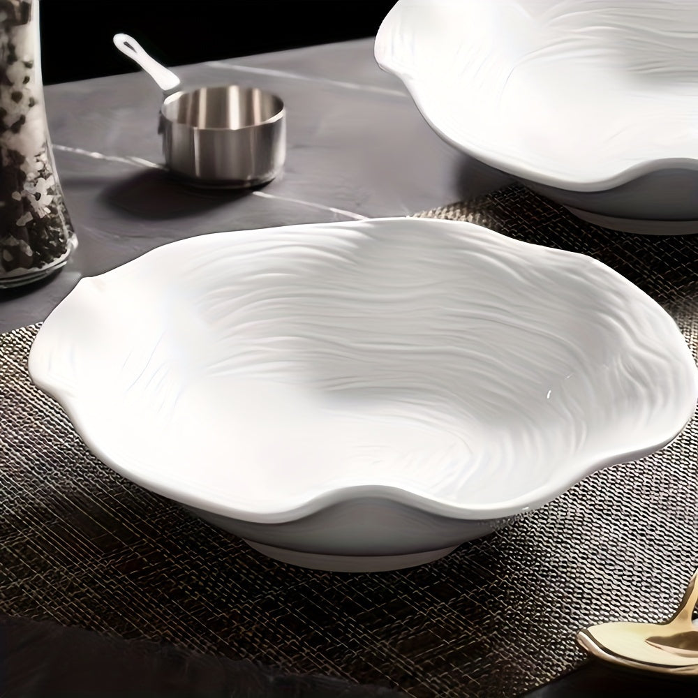 1 Piece Elegant White Ceramic Dessert & Salad Bowl, 8.4 Inches Lotus Design, Microwave Safe – Perfect for Noodles, Cereal, Soup | Novel Tableware for Home, Restaurant, Noodle Bowl
