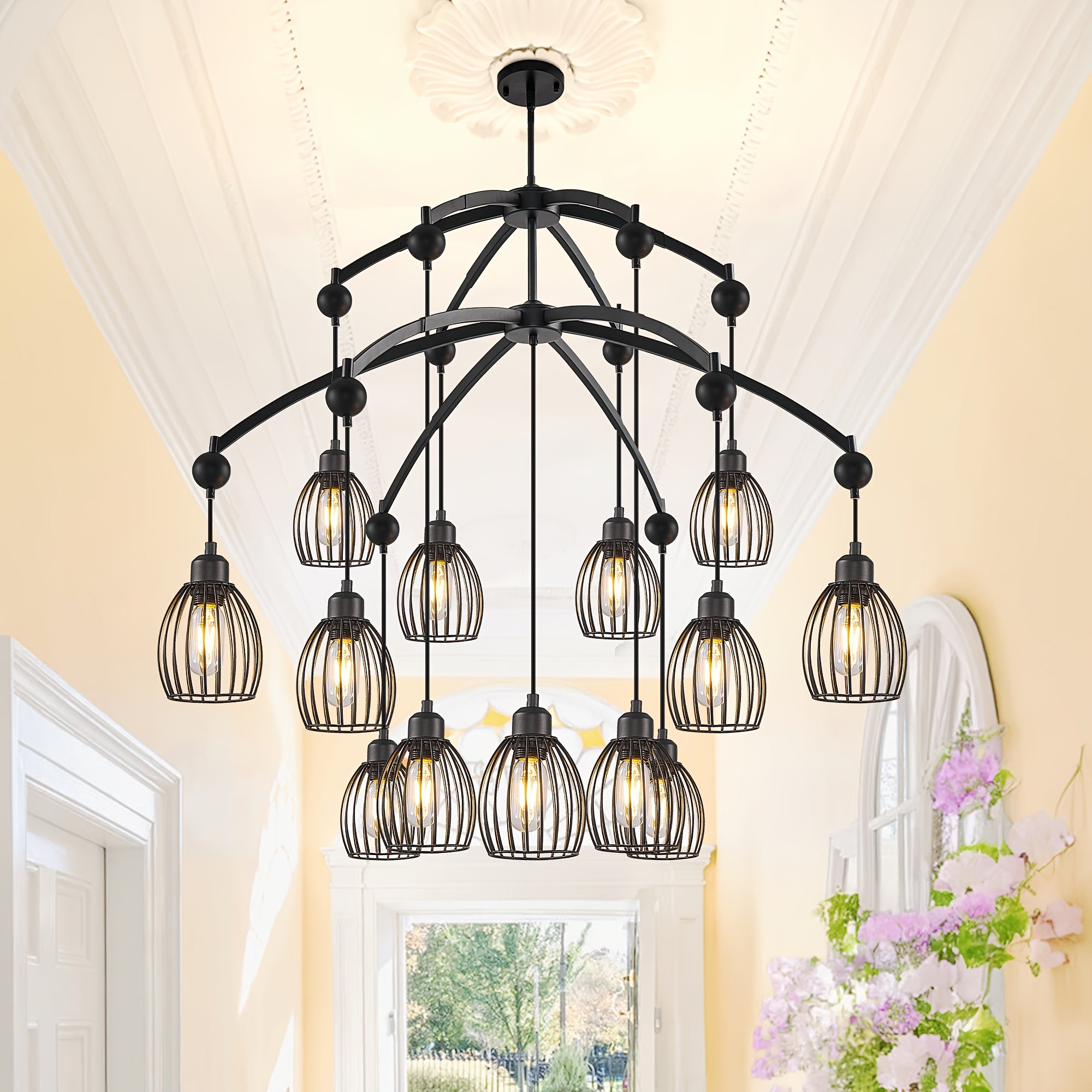 Adjustable farmhouse style pendant light, industrial metal cage ceiling light fixture