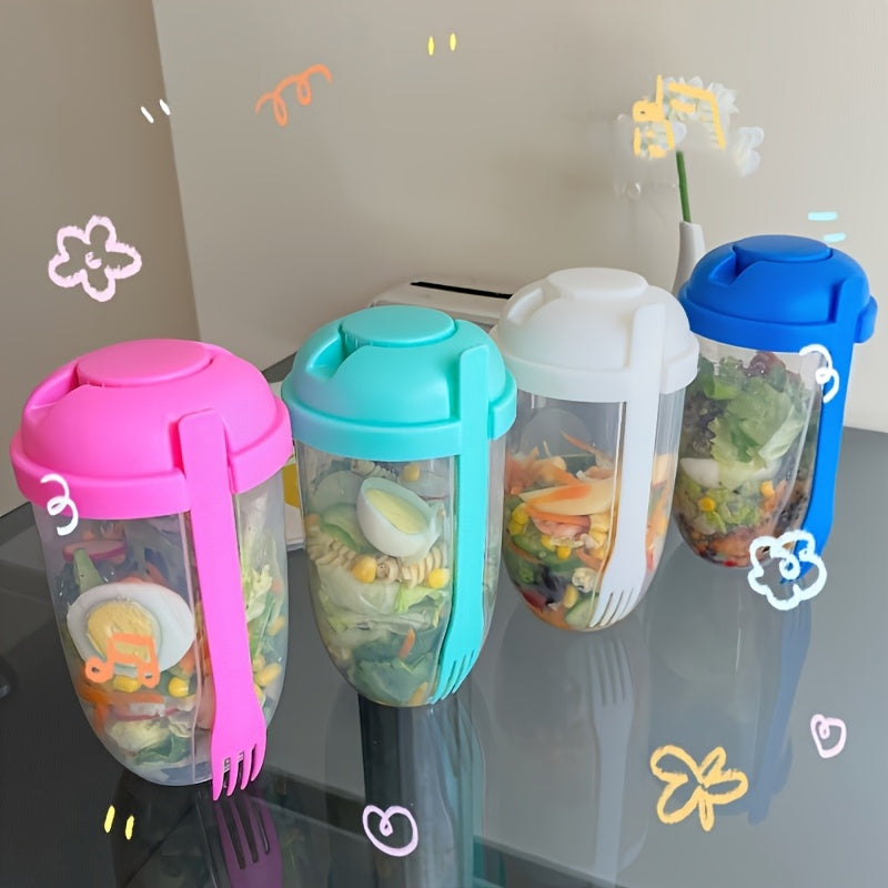 lastic Salad Cup with Fork & Dressing Container – Leak-Proof Lid, Built-In Fork Holder, Portable & Durable Lunch Box – Perfect for Picnics, Lunch, Breakfast – 4 Colors (Pink, Teal, White, Blue)