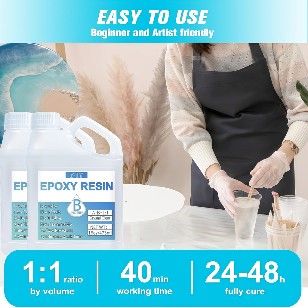 树脂液模子-快固化32oz/16.9oz超清环氧树脂套装 - 高光泽、无气泡、不黄变、自流平、低气味，树脂模具制作用品，河流桌，双组分环氧AB胶，适用于涂层、铸造及DIY工艺品，946ml /500ml