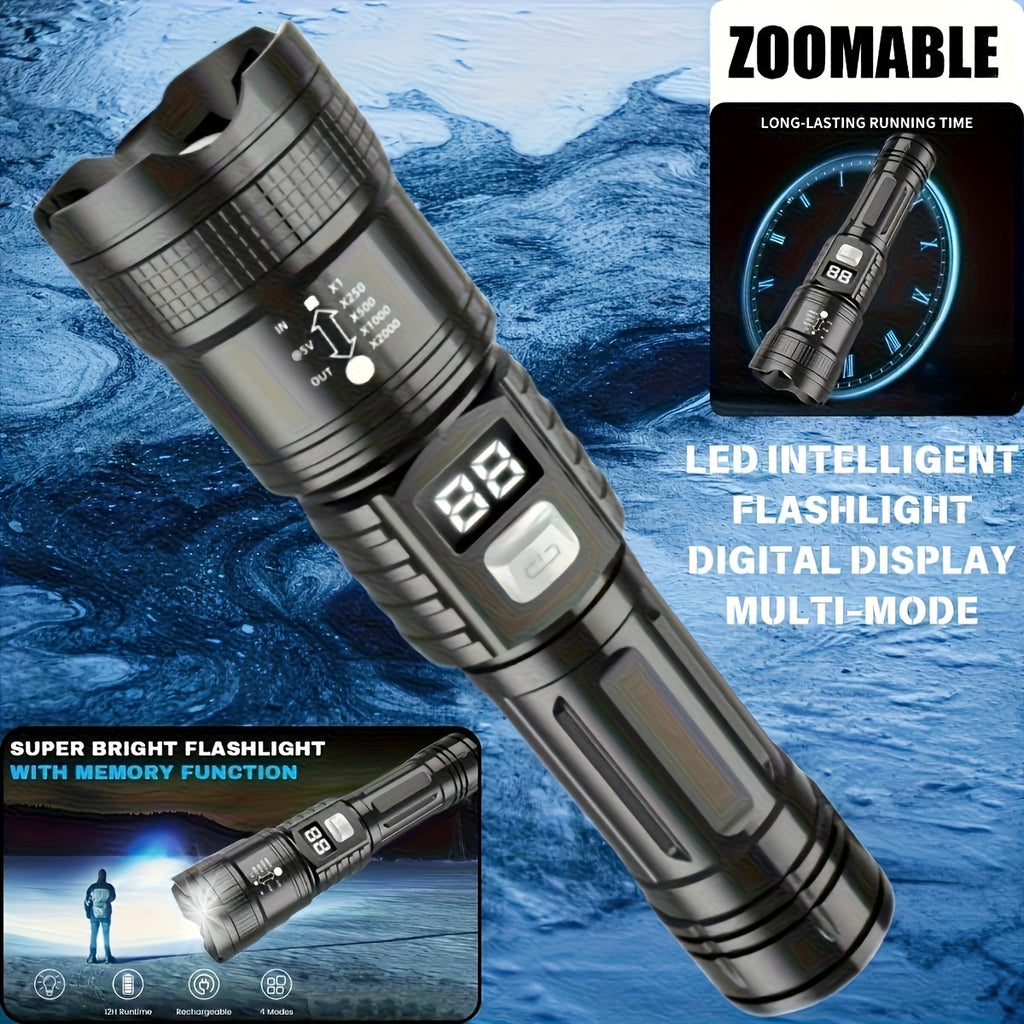 4-pack rechargeable high-power LED flashlight, with zoomable focus function, ultra-bright long-range beam, tactical work light, suitable for camping, hunting, hiking, emergency, equipped with LCD digital display screen