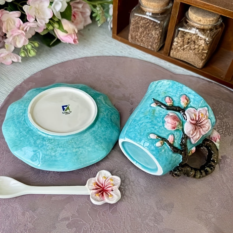 1 Set Ceramic Hand-Painted Van Gogh Classic Oil Painting Cup & Saucer Set, 1PC 3D Handmade Starry Sky, Almond Blossom, Sunflower, Iris Tea Cup & Coffee Cup, 1PC Round Saucer, 1PC Spoon, Exquisite Table Décor