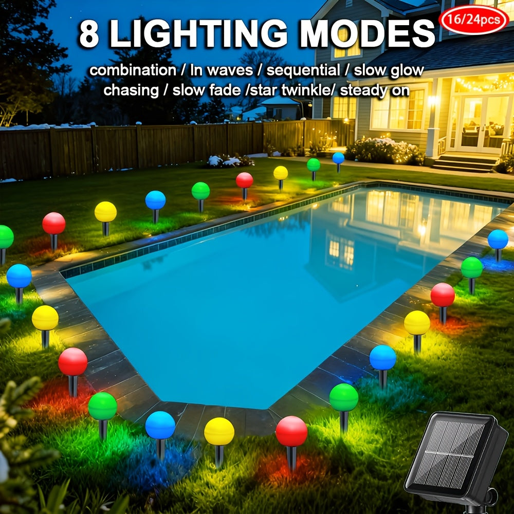 16/24PCS Solar LED Colorful Ball Christmas Lawn Light, Christmas Garden Light, Ground Insert Light, 8 Lighting Modes, IP44, Decorative Light for Christmas, New Year, Valentine's Day Party, Suitable for Garden, Courtyard, Path, Lawn, Driveway Decoration