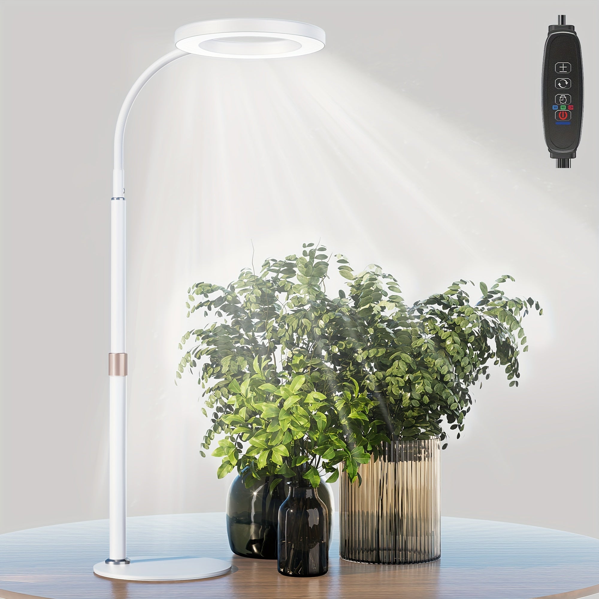 bseah indoor plant grow adjustable LED light - full spectrum ring light with automatic timer, 3/9/12 hour timer, 9 dimming levels, USB powered, flexible long neck tube suitable for large plants