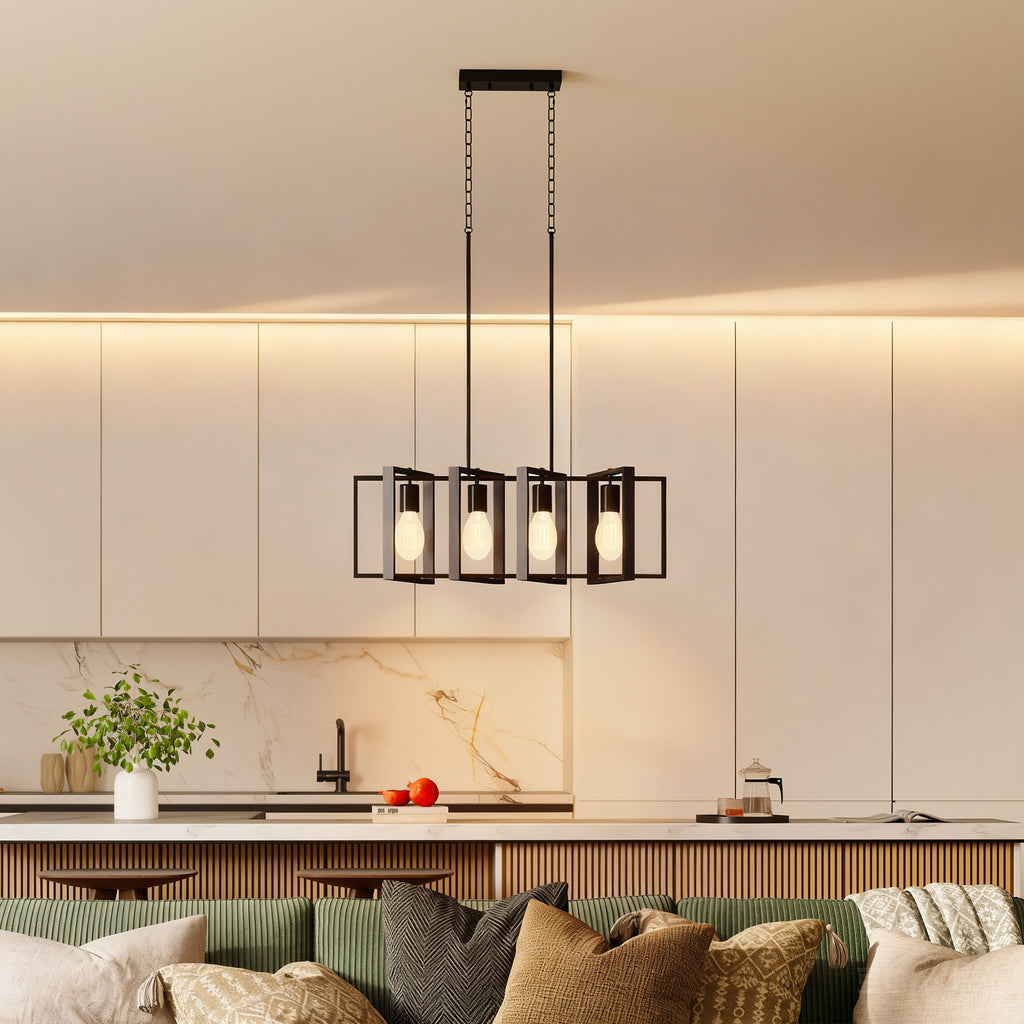 HOMCOM 31.5-inch pendant light, farmhouse style kitchen island lighting fixture, equipped with 4 rotatable lamp arms and adjustable height, suitable for living room, dining room, hallway, E26 base, black
