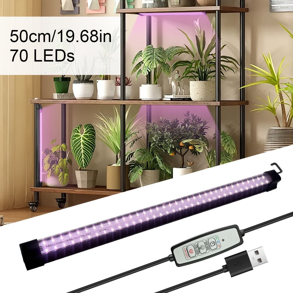T8 full spectrum LED grow light, magnetic 19.68-inch plant grow light tube, 2/4/8 hour smart timer, 4-level dimming, with hook, easy installation, suitable for indoor plants, succulents, flower cultivation, 5V powered