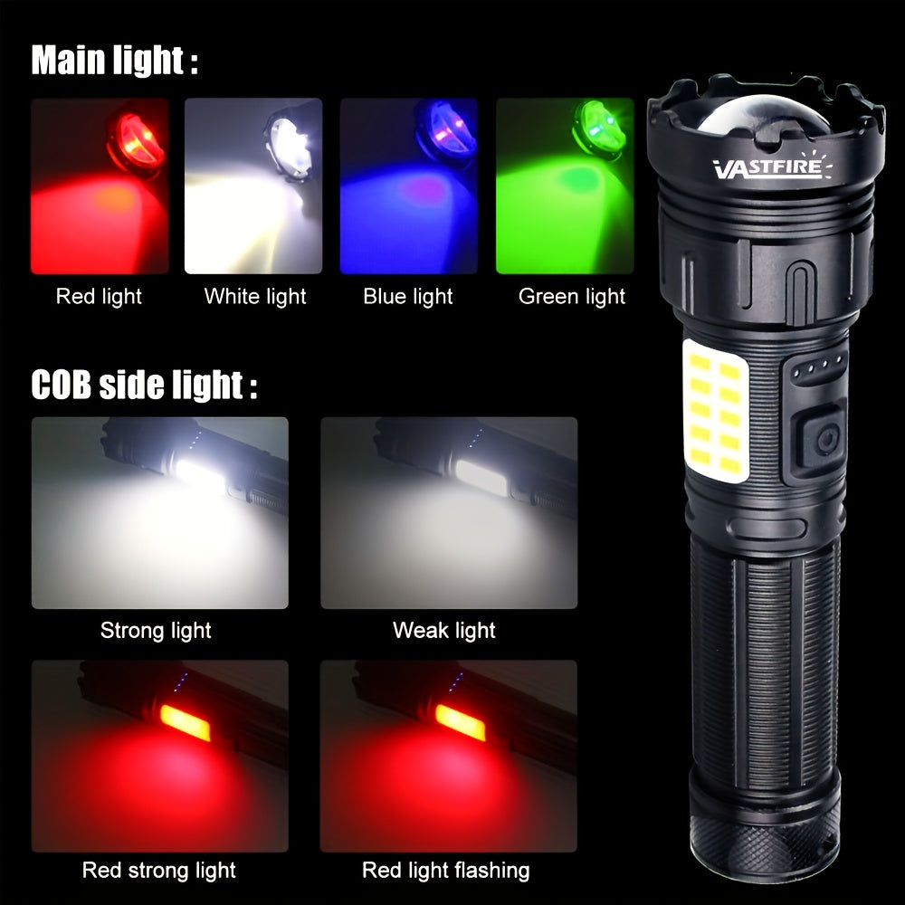 4-in-1 LED Aluminum Alloy Ultra-Bright Zoomable Outdoor Flashlight with 4 Light Sources, COB Side Emergency Light, Rechargeable High Lumen Tactical Flashlight, Ideal for Hiking, Hunting, Camping, Handheld Lighting, Fishing & Various Outdoor Activities