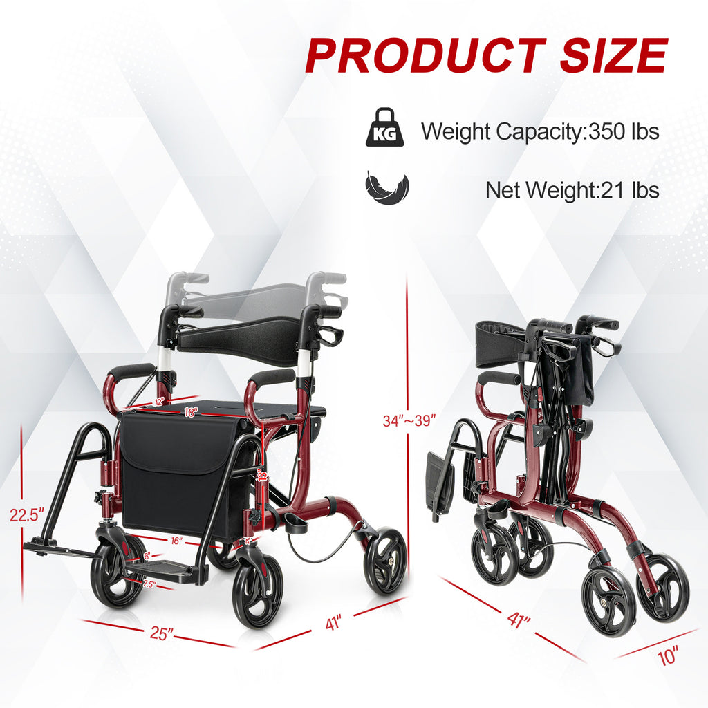 GIANTEX 带座椅助行器，2合1型移动轮椅，配备6档可调高度、可翻转靠背、双制动系统、旋转脚踏板，轻便可折叠设计，专为老年人设计