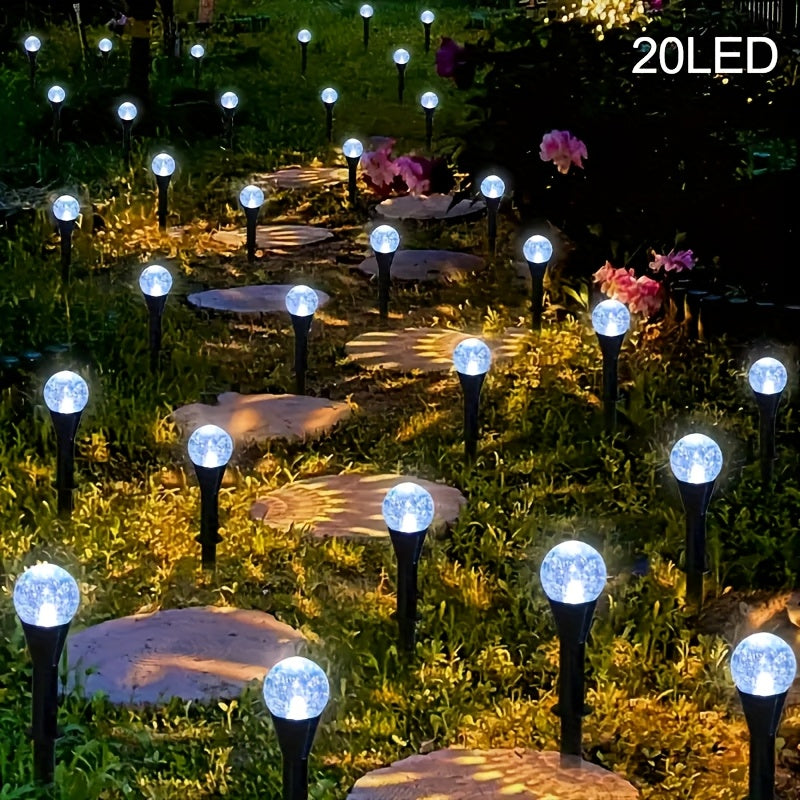 20 LED太阳能花园灯，10 LED太阳装饰灯，IP44防水，8种灯光模式，适用于庭院、草坪、别墅花园、走道、节日派对氛围照明，适用于多种环境，便携式安装，暖光/彩色/白光