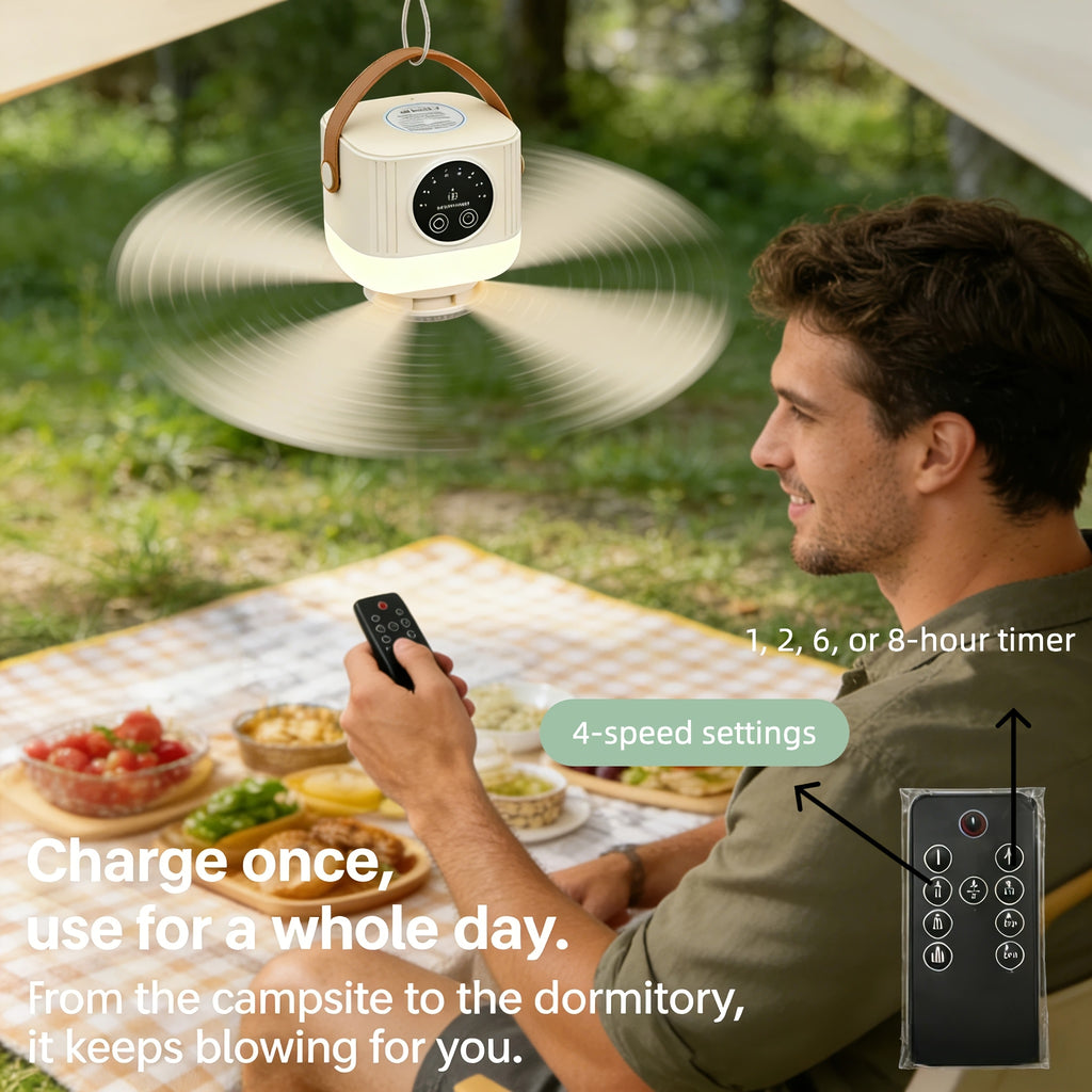 Portable Remote Control Ceiling Fan with Light, Rechargeable Camping Fan, Wireless Tent Fan, 4 Speed Levels, Timing Function, Battery Powered, Perfect for RV, Truck, Rooftop Tent, Travel and Camping