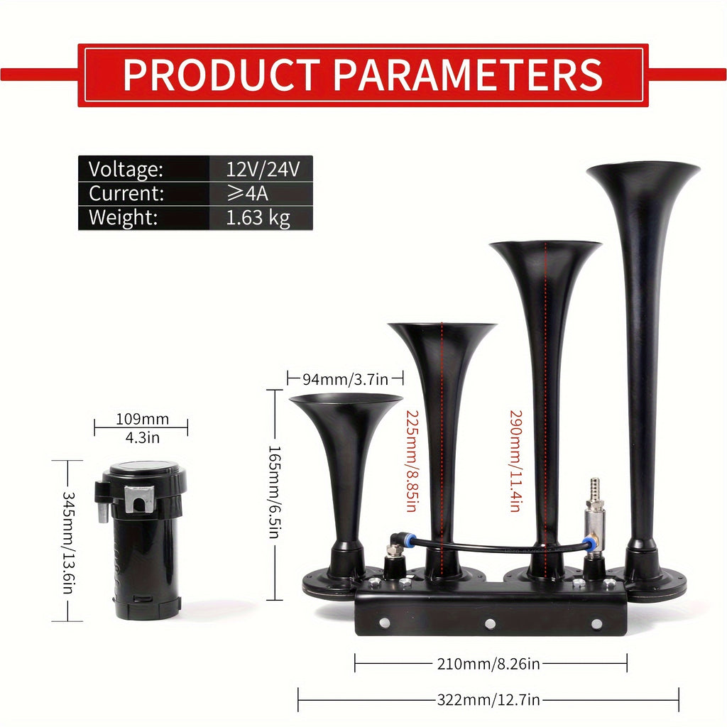 ALLREY Truck Air Horn Train Horn 12V 4-Horn Car Horn Super Loud Air Horn with Compressor, Fits Vehicles Trucks Cars Pickup Jeep SUV Train Boat, Matte Black Silver Red