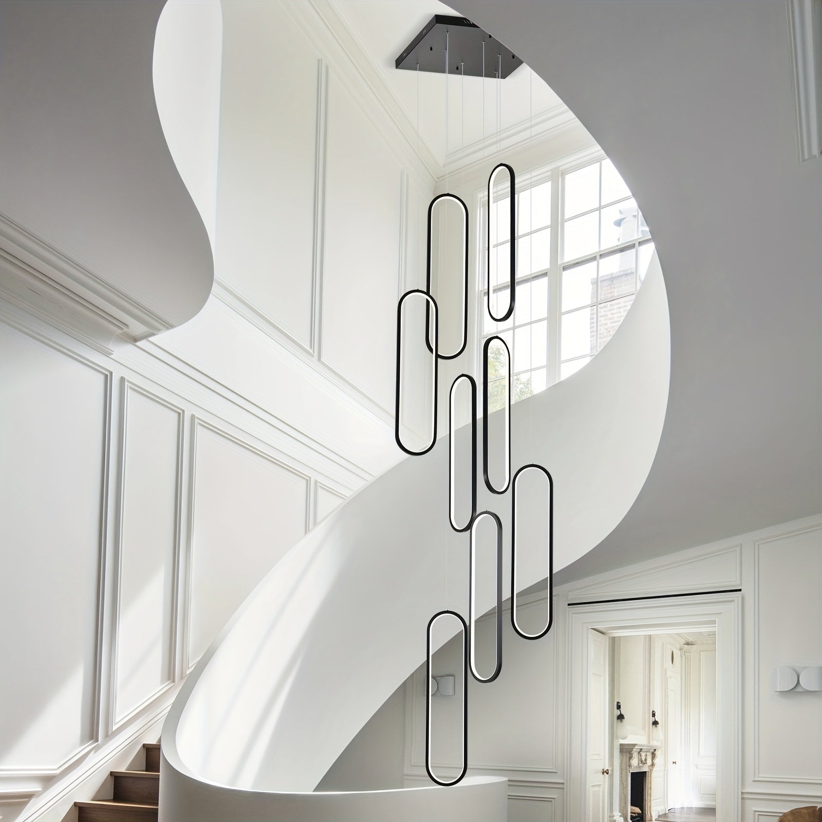 Modern 8-light large chandelier, suitable for high ceilings - dimmable LED hall pendant light with remote control, 3000K-6500K color temperature, semi-flush mount installation and hardwired infrared sensor, black metal staircase chandelier