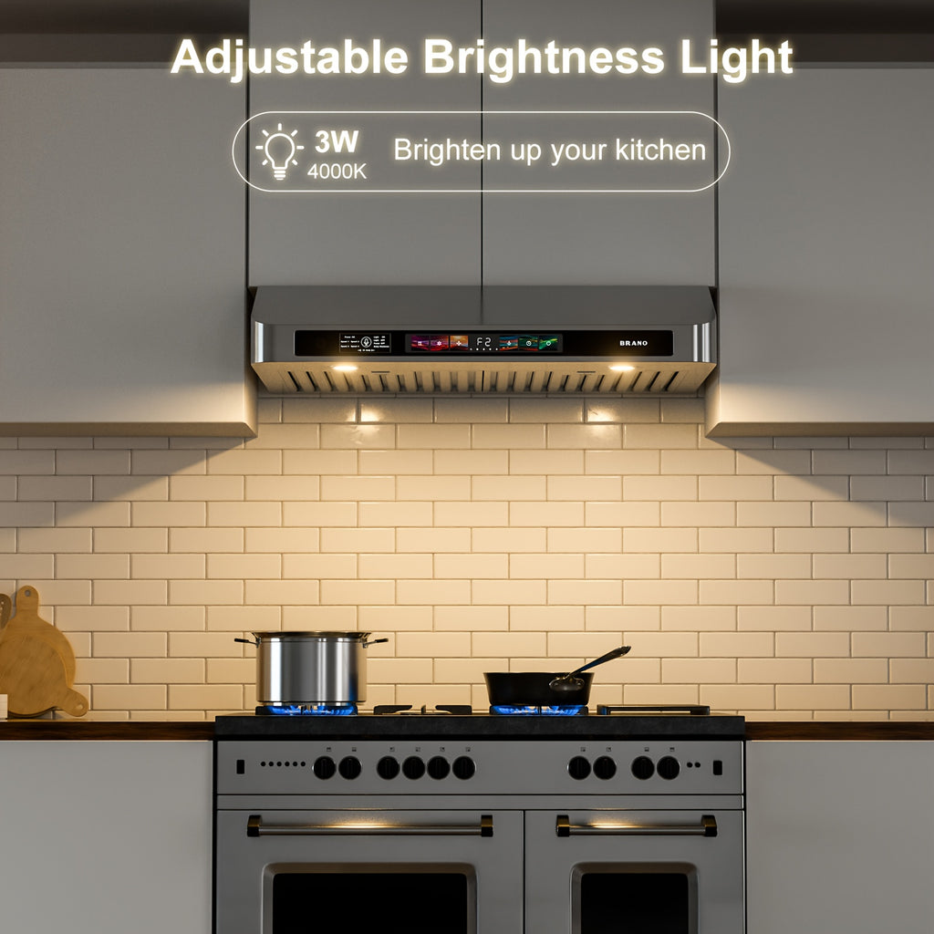 BRANO 36-Inch Under Cabinet Range Hood – Voice, Gesture & Touch Control, 900 CFM Kitchen Ventilation Fan with 4-Speed Exhaust Fan, Stainless Steel Stove Hood with LED Lighting & Baffle Filter