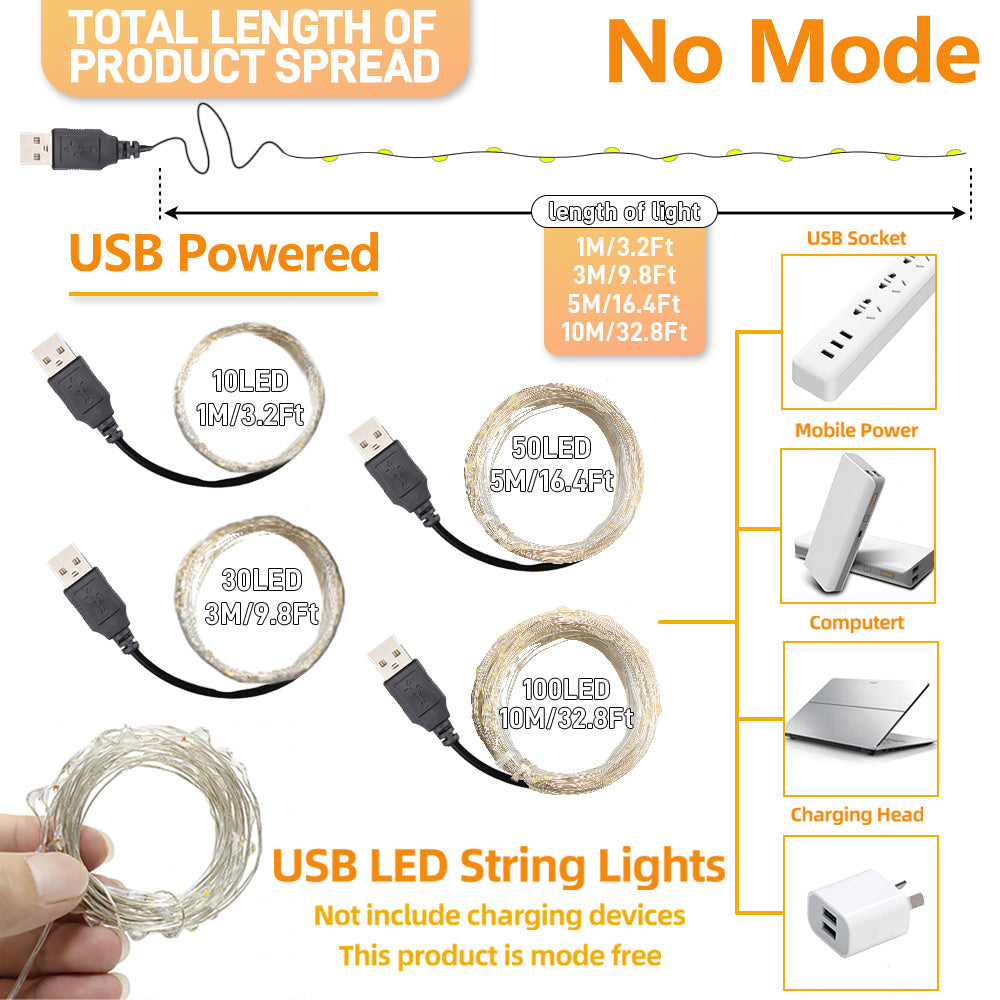 1件装USB LED串灯，100/50/30/10灯珠可选，USB供电铜线花环灯，暖白色调，适用于圣诞、情人节、感恩节装饰，墙面装饰、春季装饰、卧室、客厅、婚礼、派对、生日礼物及礼品包装