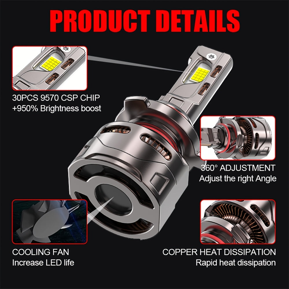2pcs High Quality LED Lamp 9006/HB4-QK008 H4/H7/H1/H4/9003/HB2/H11/H18/H16/9012/9005, 60000 Lumens, 7500K, 300W, 950% Brightness, 360° Beam Angle, 9570 Chip, High-Performance LED, Car LED Light, 12V