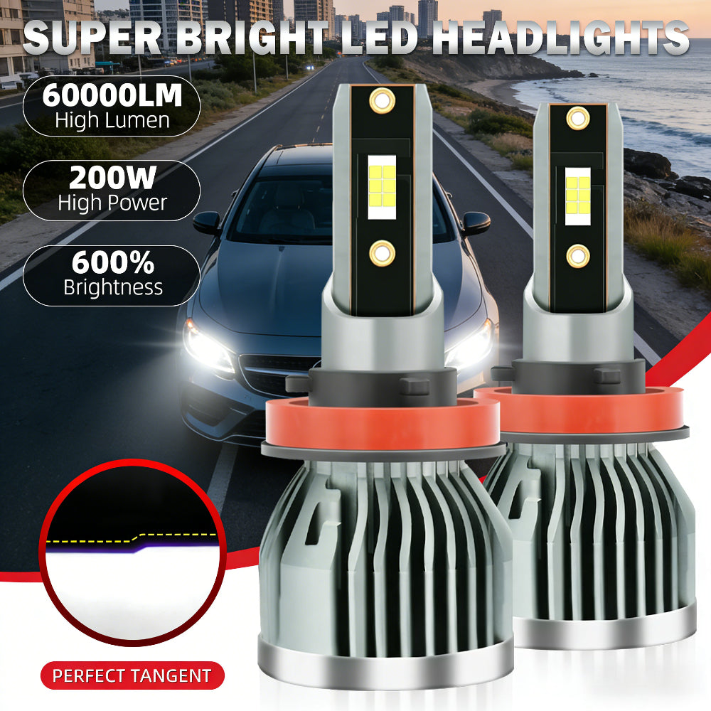 -Pack LED Headlights 60000 Lumens High Brightness 200W High Power 600% Brightness Increase 6000K White Light Output Equipped with High-Efficiency Turbo Fan Cooling Design Fits Most Car Models Plug-and-Play