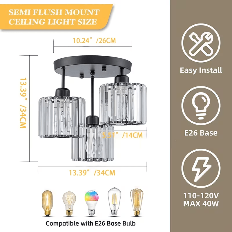 Modern Semi-Flush Mount Ceiling Light, Crystal 3-Head Kitchen Light, Hallway Pendant Light, Indoor Flush Mount Light, Suitable for Bedroom, Foyer, Entryway, Kitchen