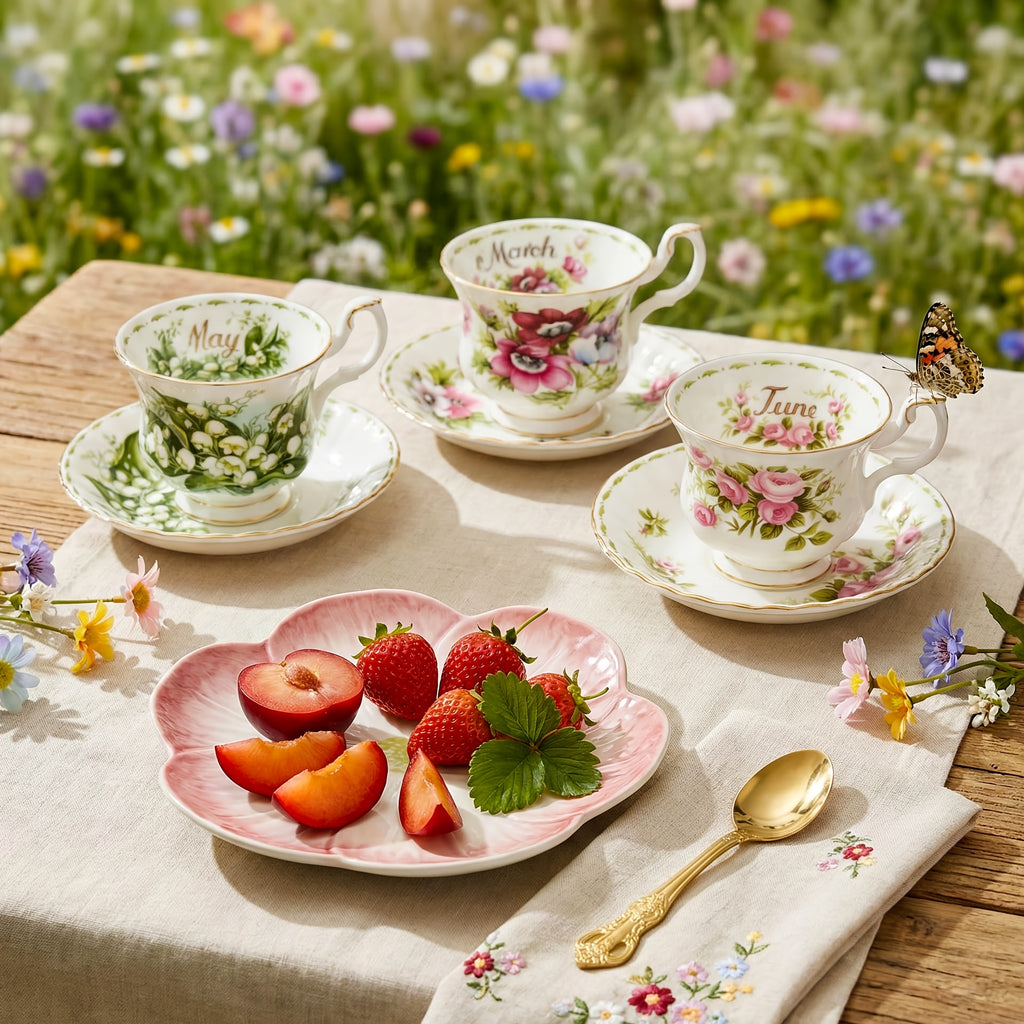 1pc Elegant Twelve Months Flower Tea Cup & Saucer, 6oz Vintage Bone China Coffee Cup & Saucer, Easy to Clean – Perfect for Afternoon Tea Parties, Birthday Parties, Birthday Gifts, Valentine‘s Day Gifts