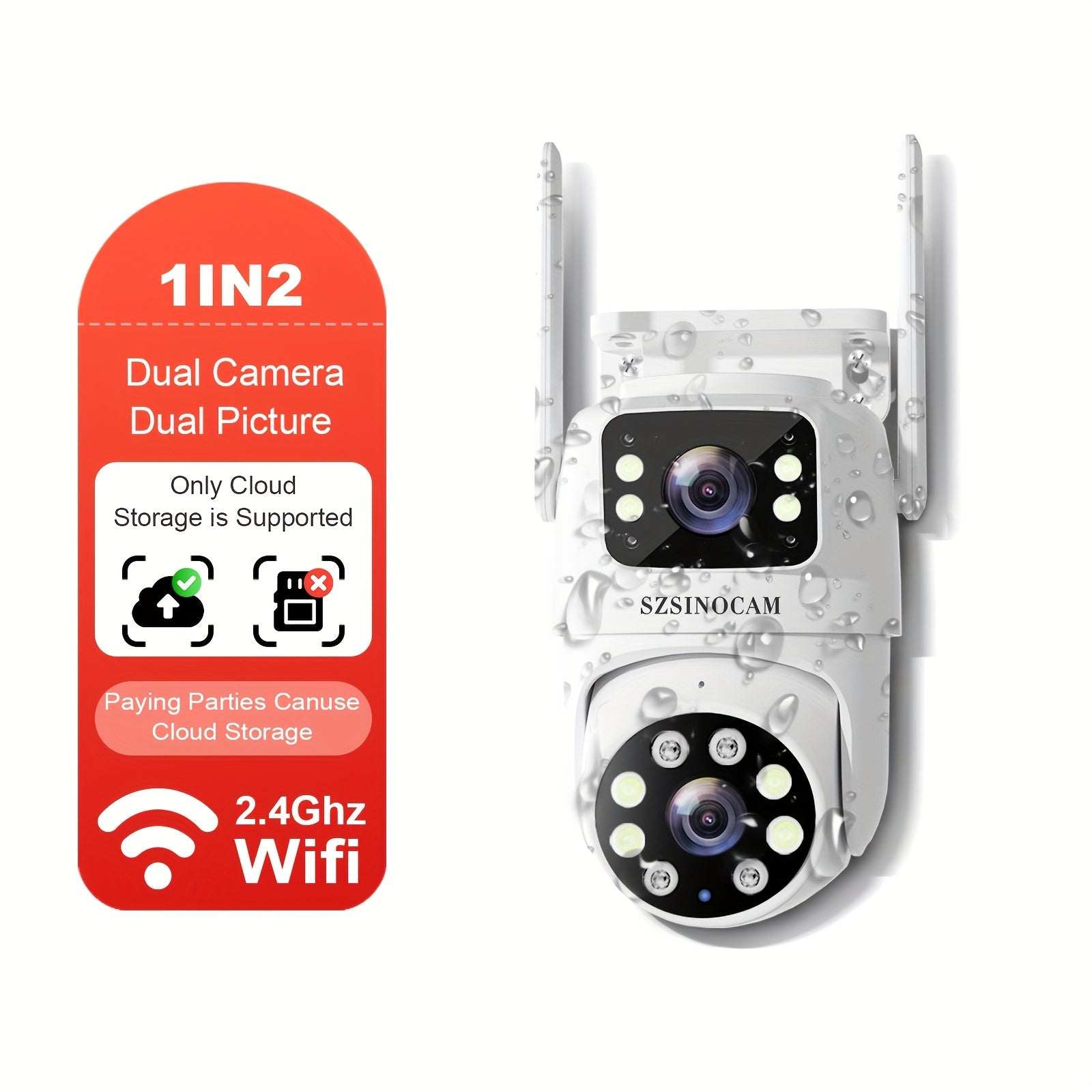 SZSINOCAM 双镜头无线安全摄像头，带云台、夜视、移动侦测、双向通话和Wifi连接 - 720P摄像头，USB充电，用于户外监控