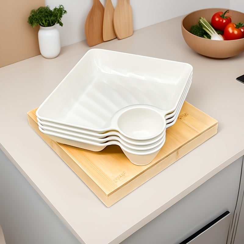 7.3x6.6 Compartment Snack Plate Set, Plastic Divided Dumpling Plate / Sushi Plate / Fry Dipping Plate with Sauce Area, Unbreakable, Microwave & Dishwasher Safe