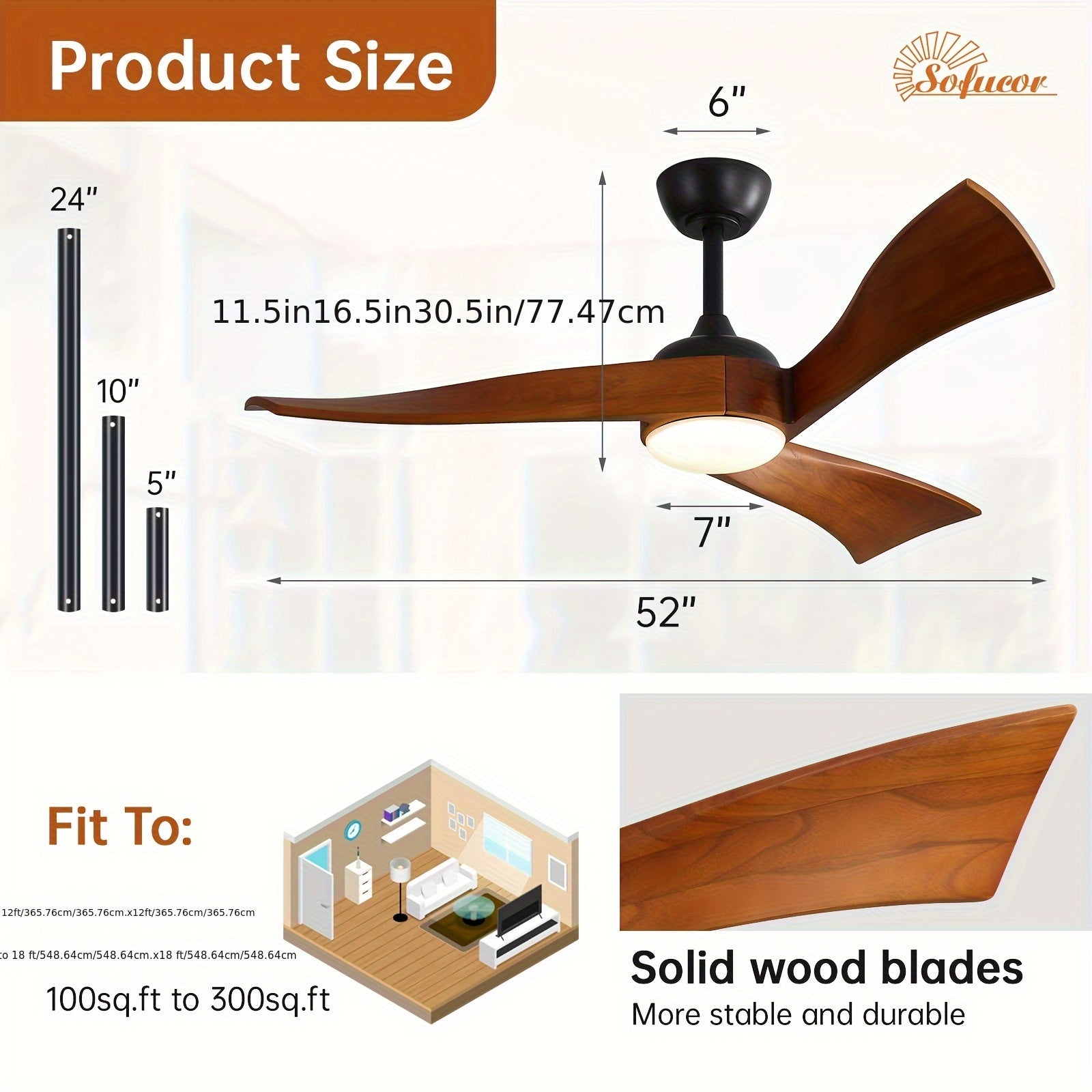 Sofucor 52 Inch Large Modern Ceiling Fan with Light, Smart Remote Control Ceiling Fan, 3 Solid Wood Blades, Reversible DC Motor, 6 Speed Settings, 1/4/8 Hour Timer, LED Lighting