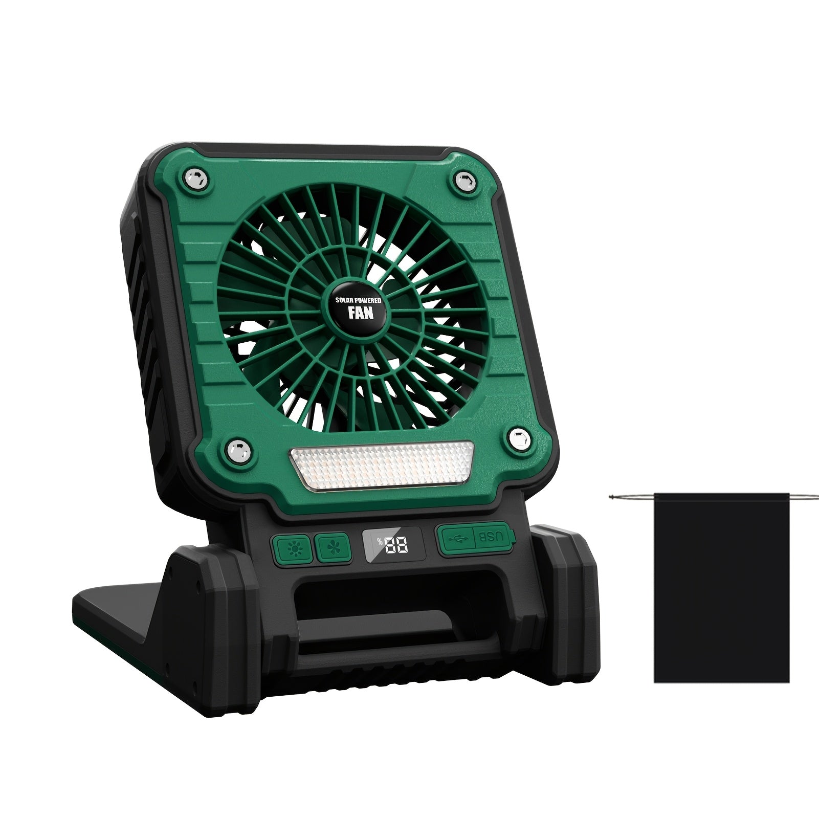 Portable Camping Fan, USB & Solar Charging, 3 Wind Speed Levels, Digital Power Display, 5 Lighting Modes, Emergency Light, Built-in Hook, Ideal for Camping & Auto Repair, Comes with Storage Bag