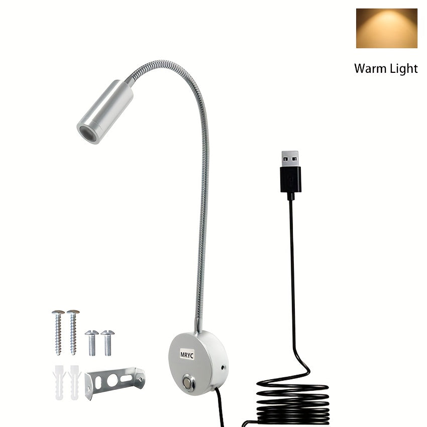 Reading light spotlight, wall-mounted lamp with flexible gooseneck, touch dimmable switch, three color modes, bedside night light suitable for bed, headboard, desk
