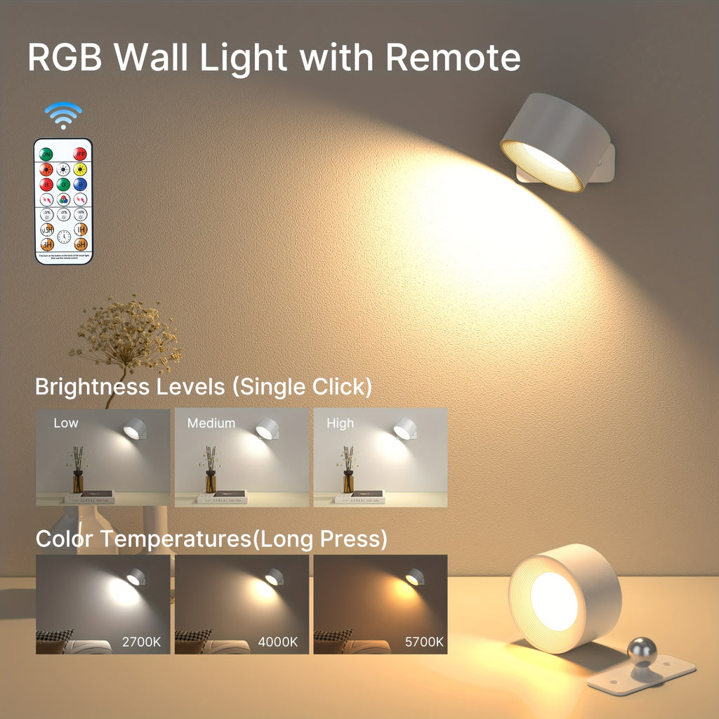 2-Pack LED Smart Wall Light, Dimmable Wall Lamp with 3 Lighting Modes and 16-Color RGB Remote/Touch Control, Powered by 2000mAh Rechargeable Battery, Suitable for Bedside Reading